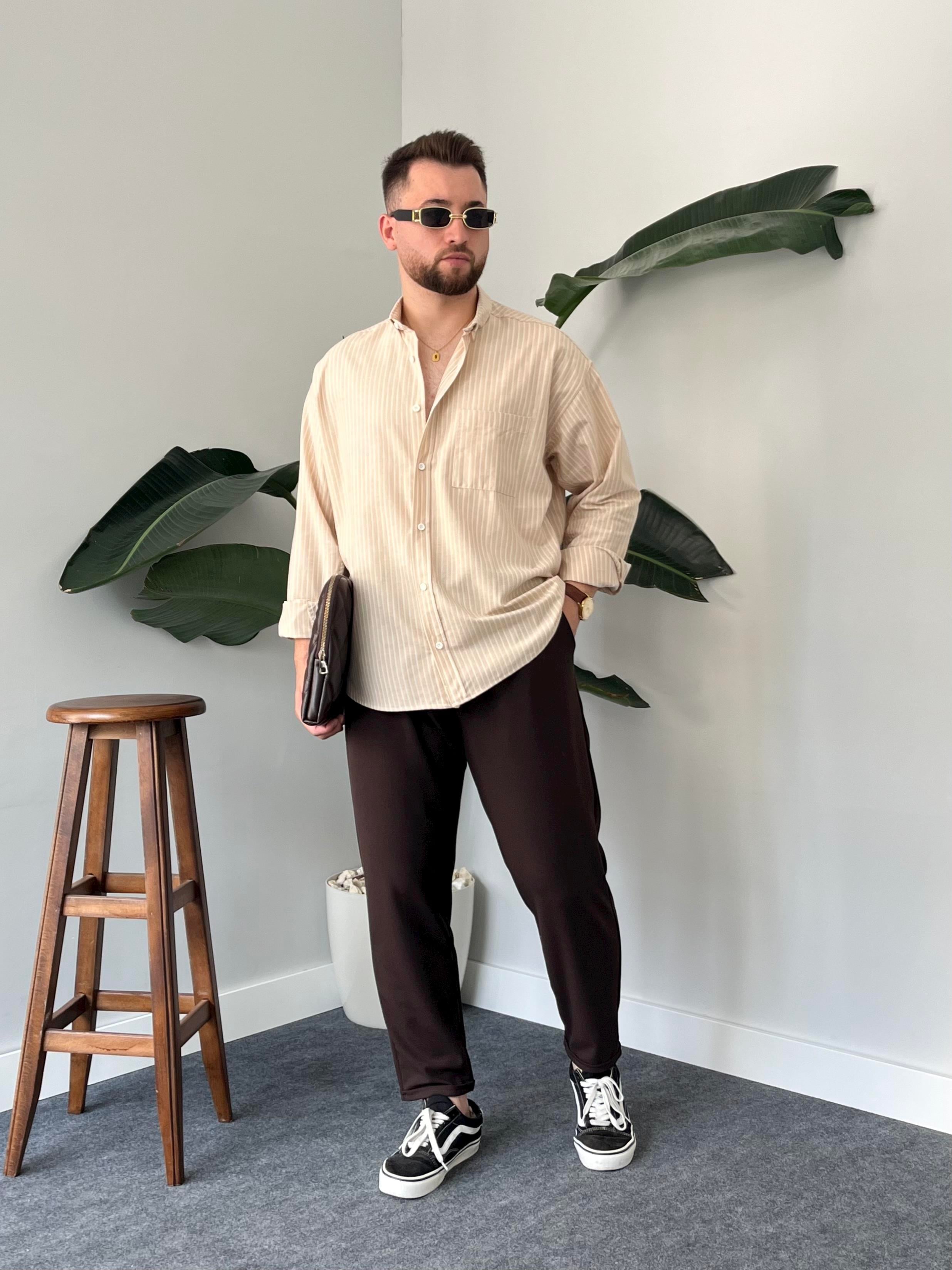 Krem Casual Çizgili Oversize Gömlek