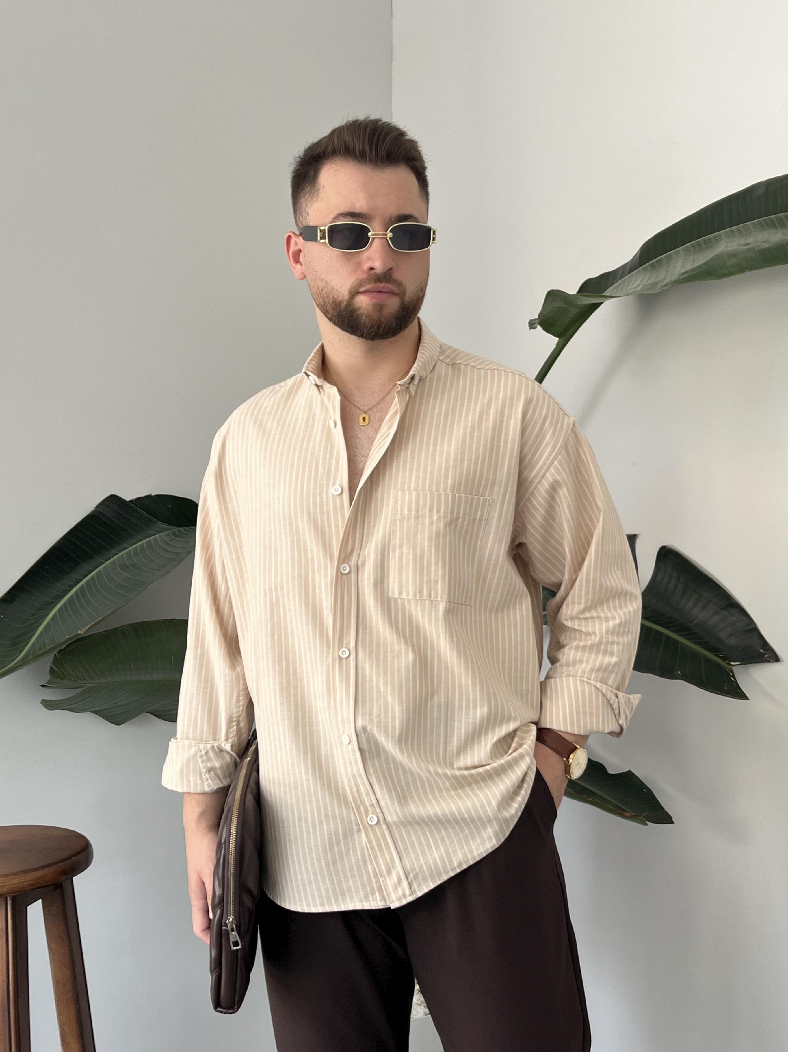 Krem Casual Çizgili Oversize Gömlek