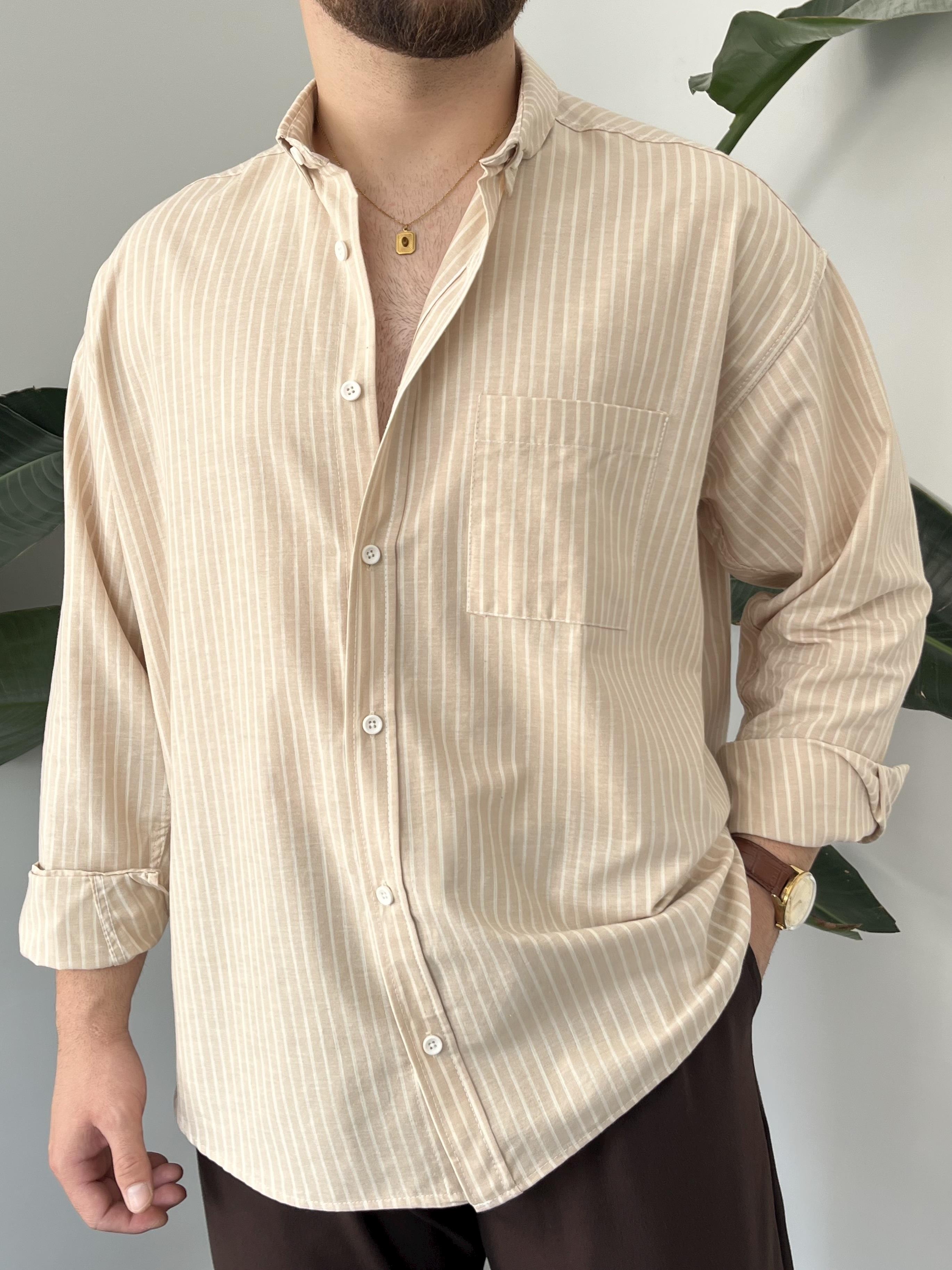 Krem Casual Çizgili Oversize Gömlek