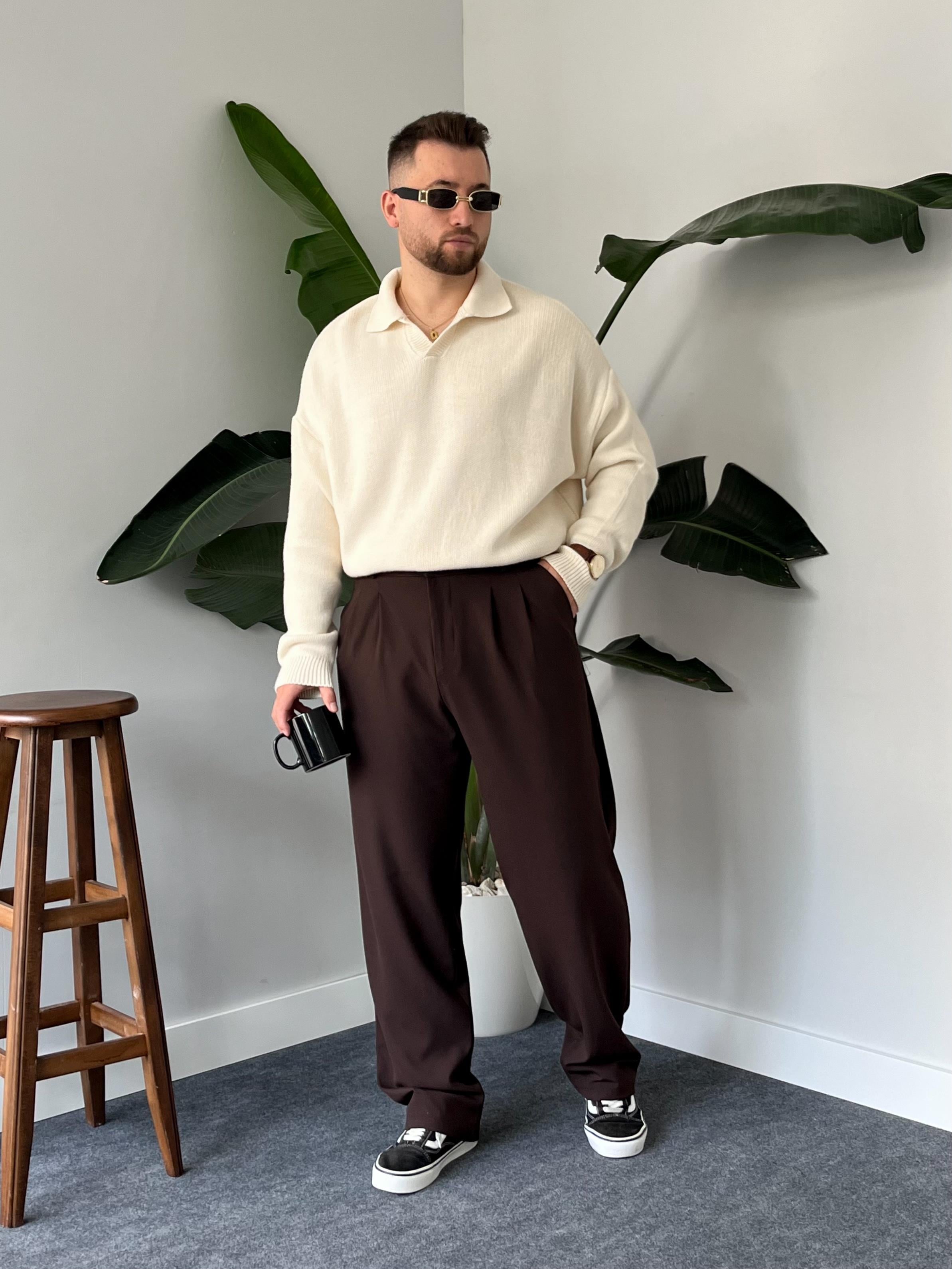 Krem Casual Polo Yaka Kazak