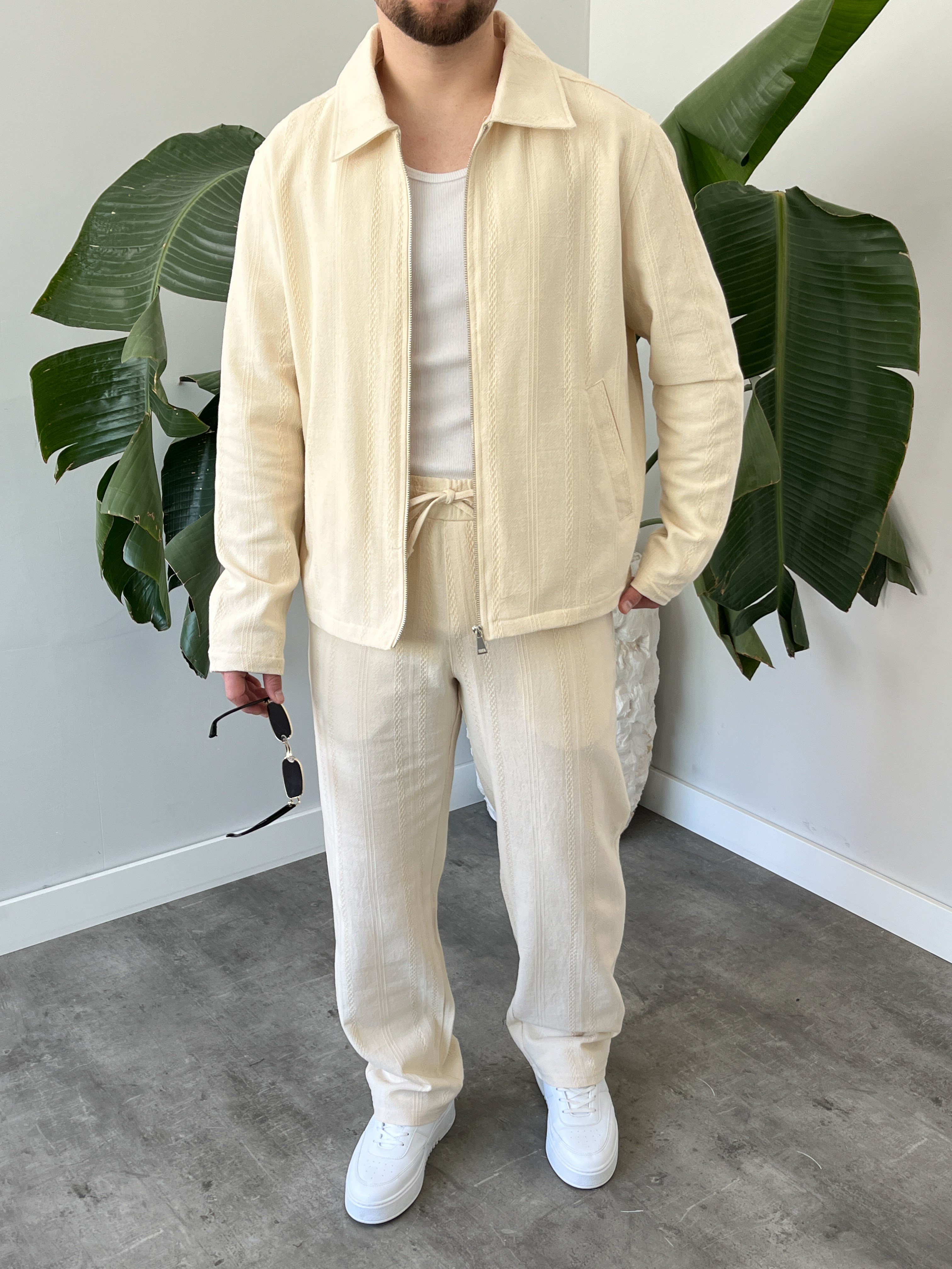 Krem Chain Motif Relax Fit Keten Takım