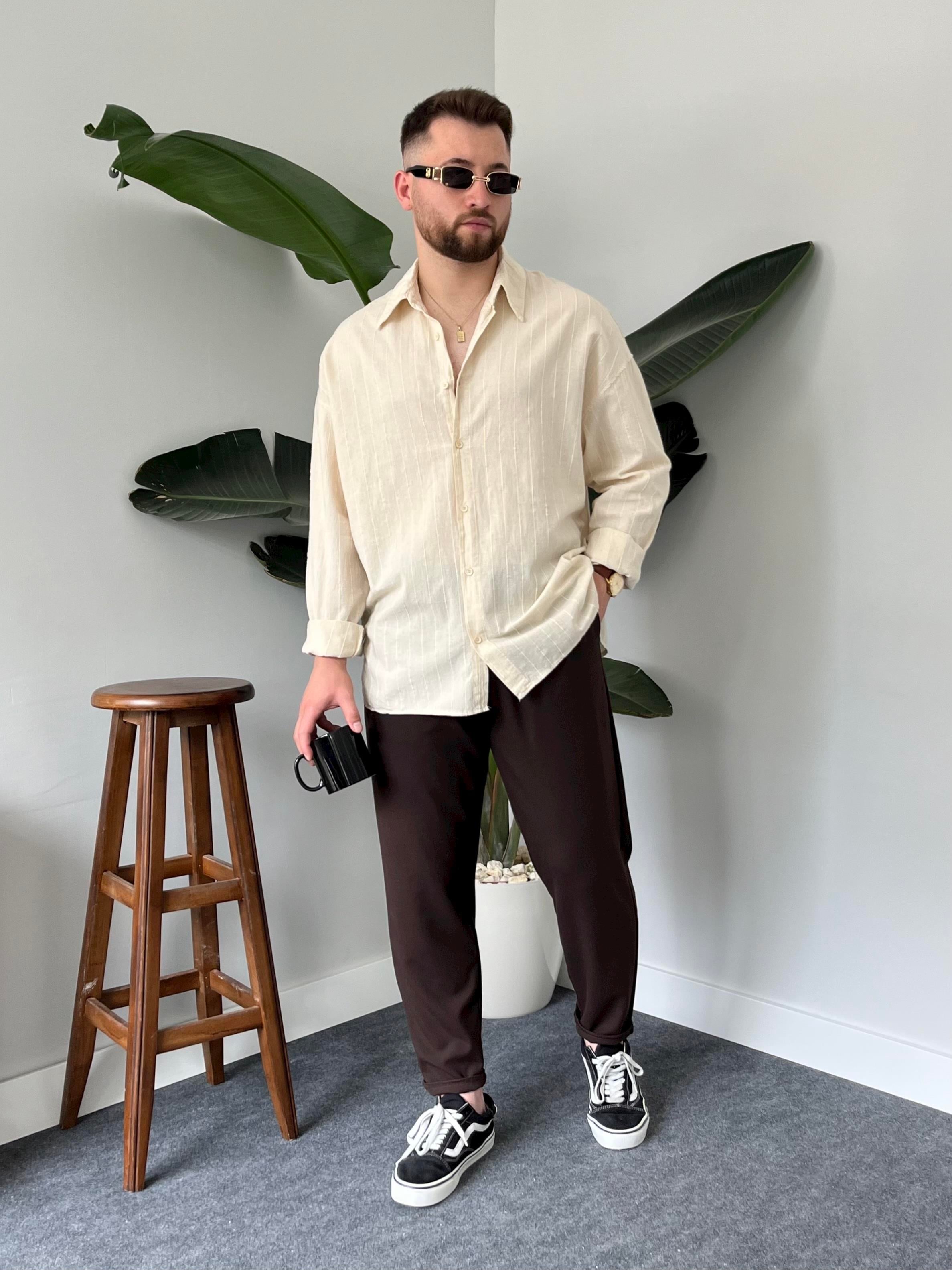 Krem Çizgi Detaylı Oversize Gömlek