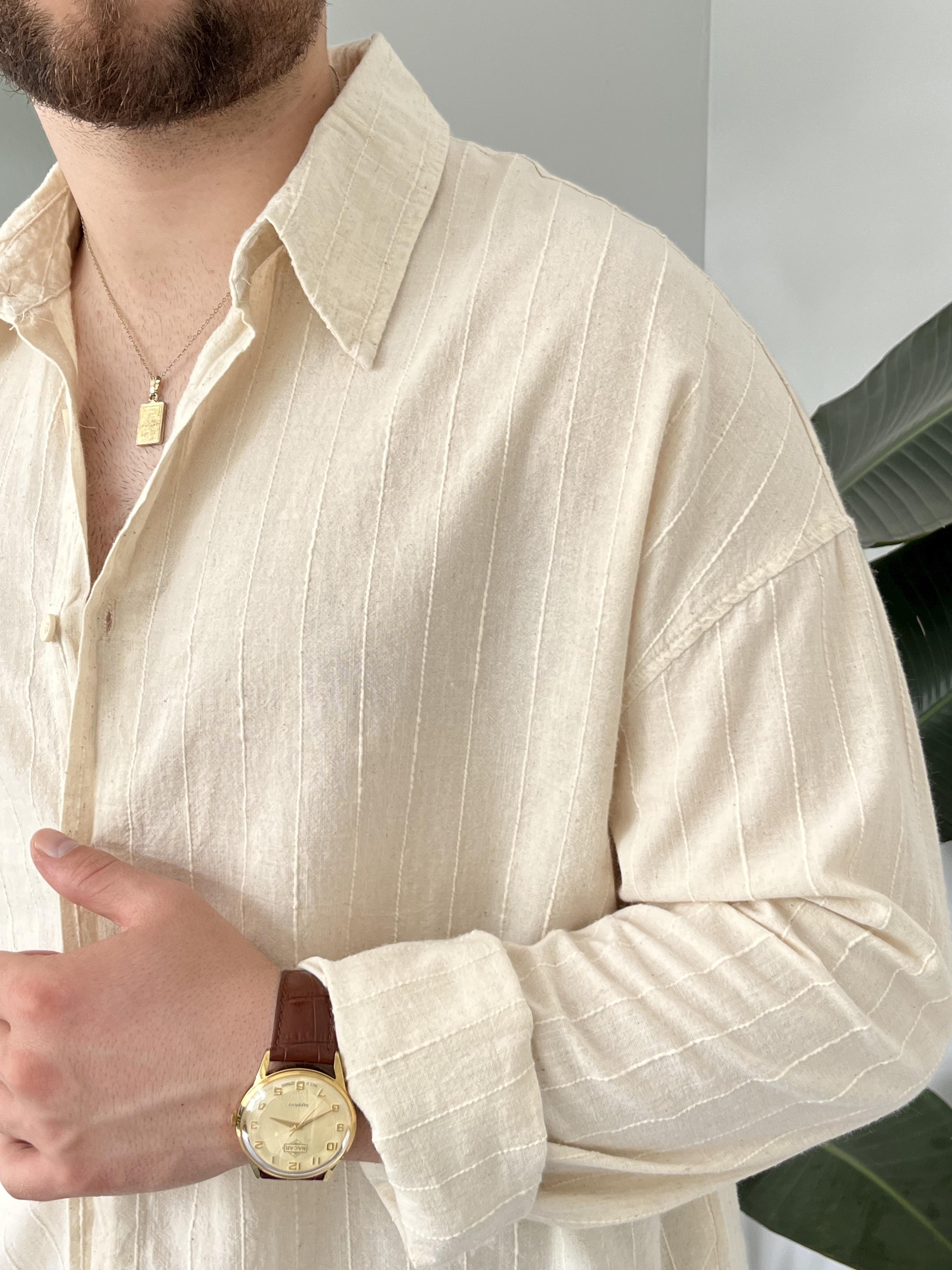 Krem Çizgi Detaylı Oversize Gömlek