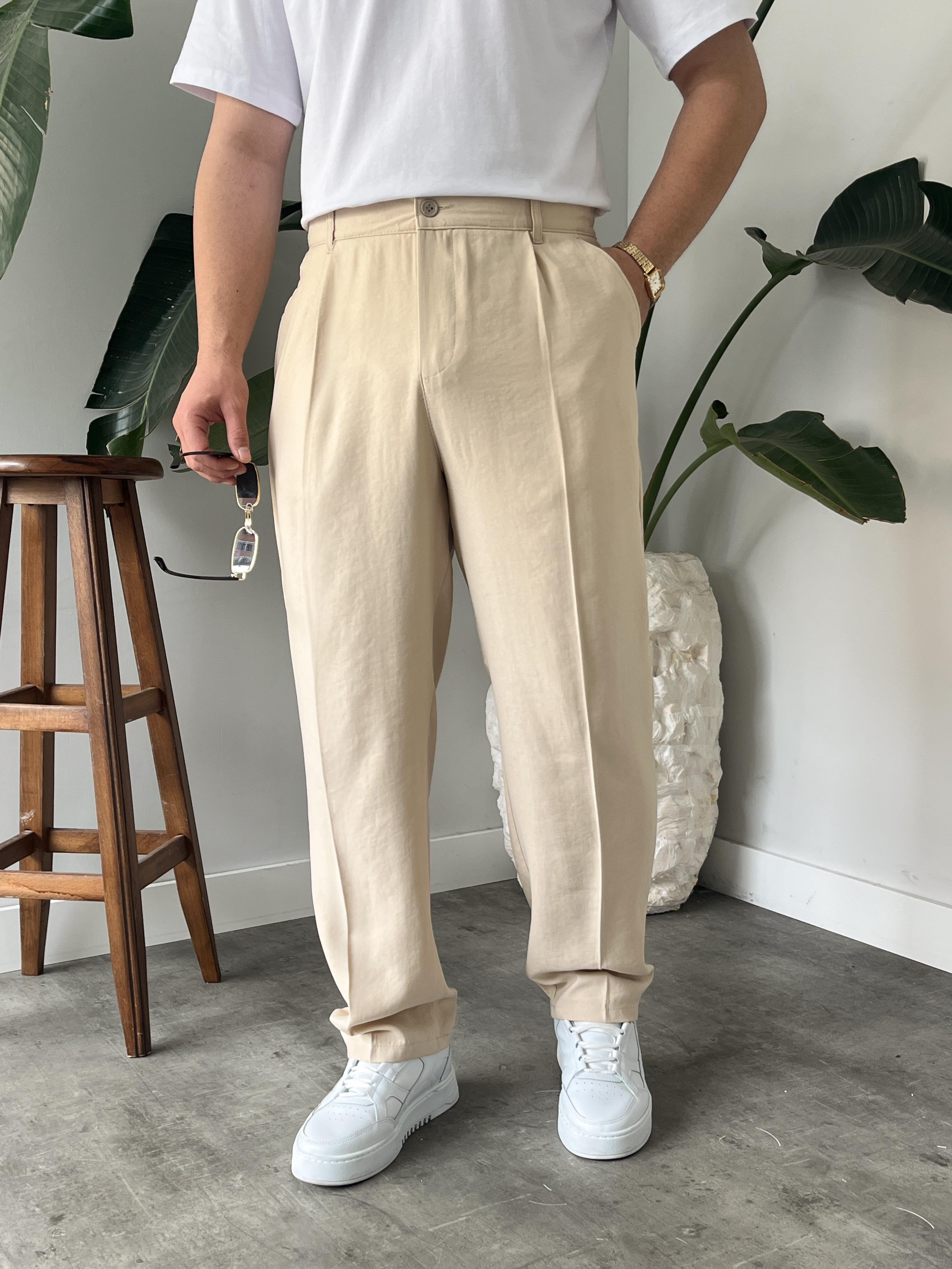 Krem Deluxe Pileli Modal Kumaş Baggy Pantolon