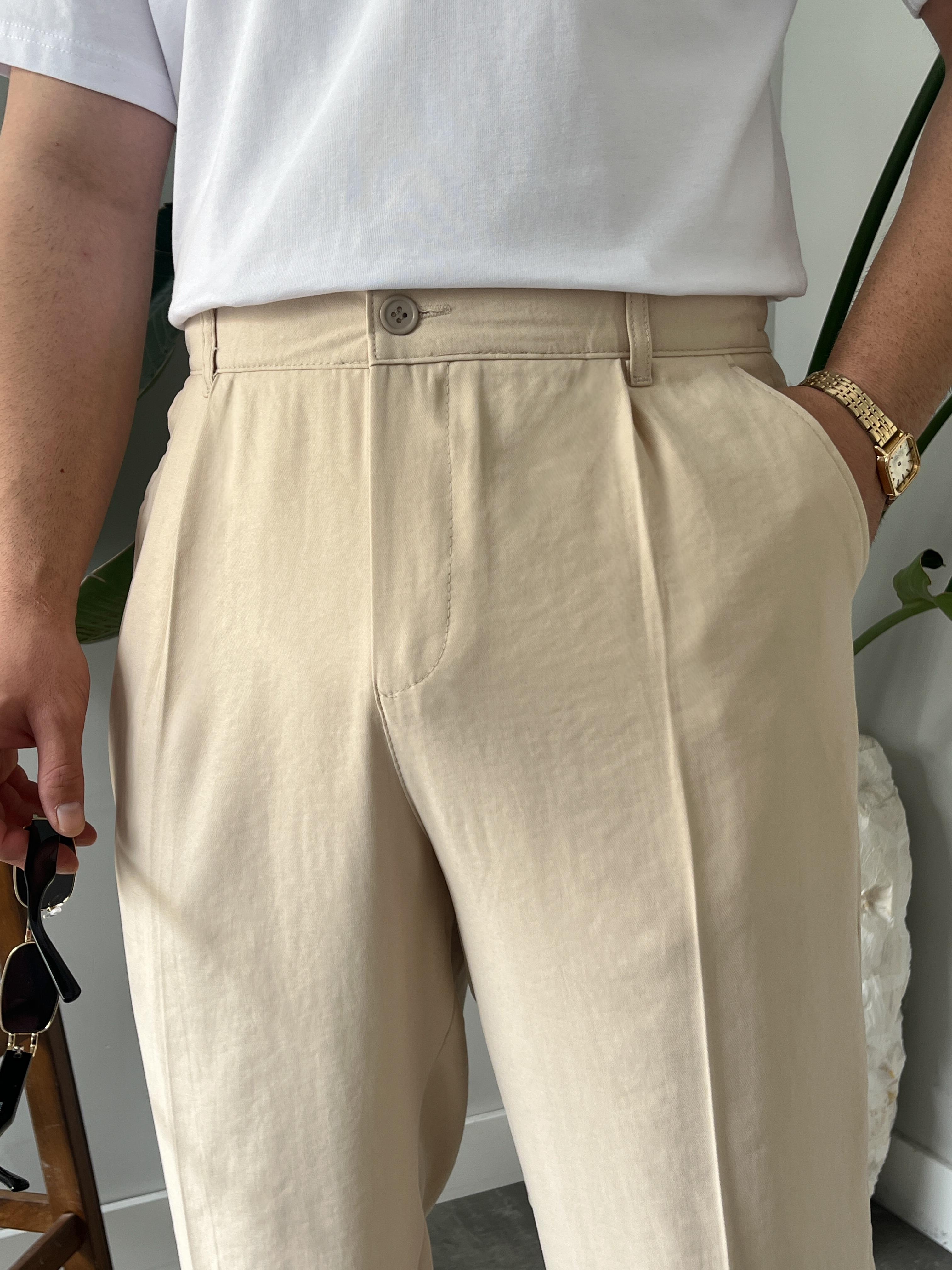 Krem Deluxe Pileli Modal Kumaş Baggy Pantolon