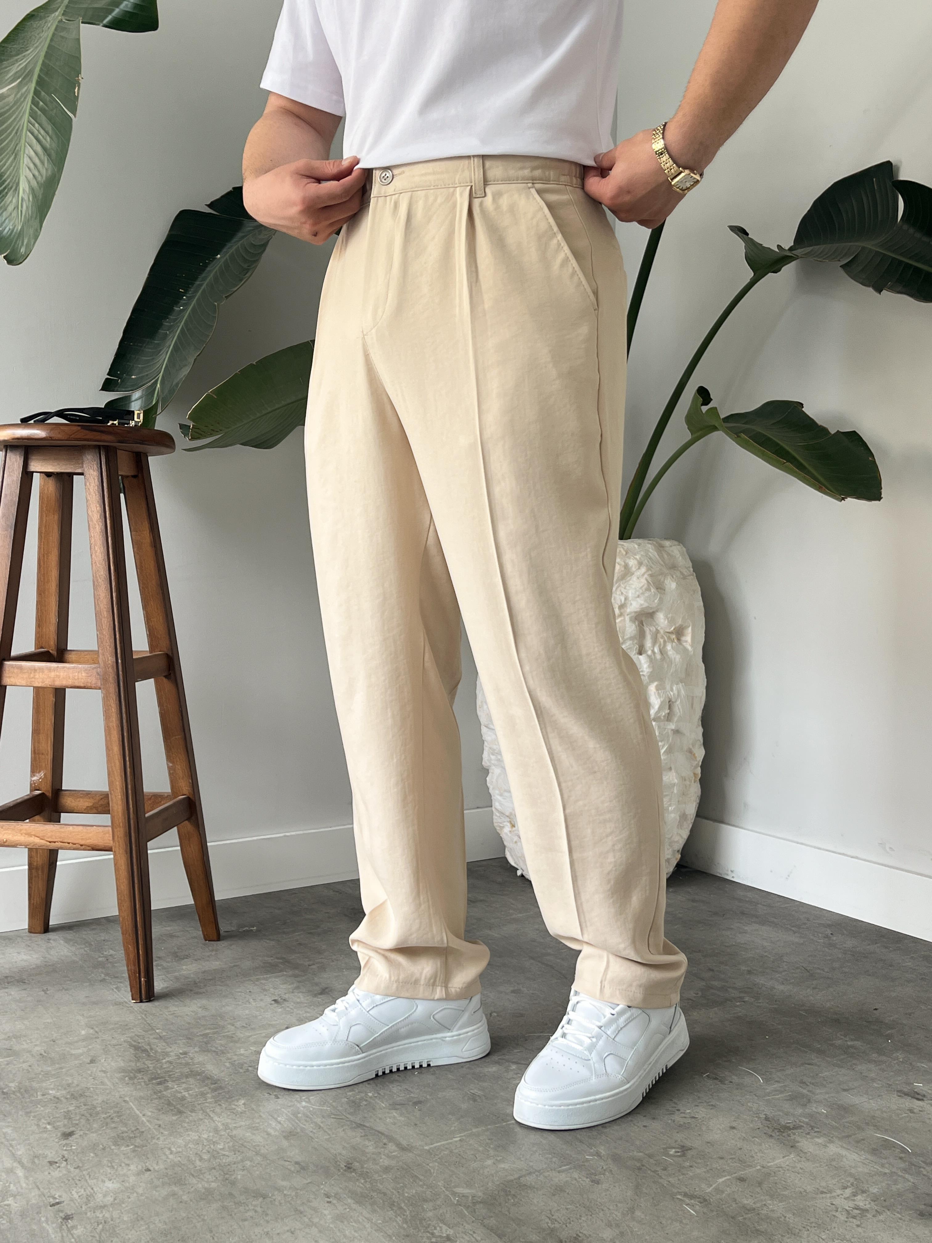 Krem Deluxe Pileli Modal Kumaş Baggy Pantolon
