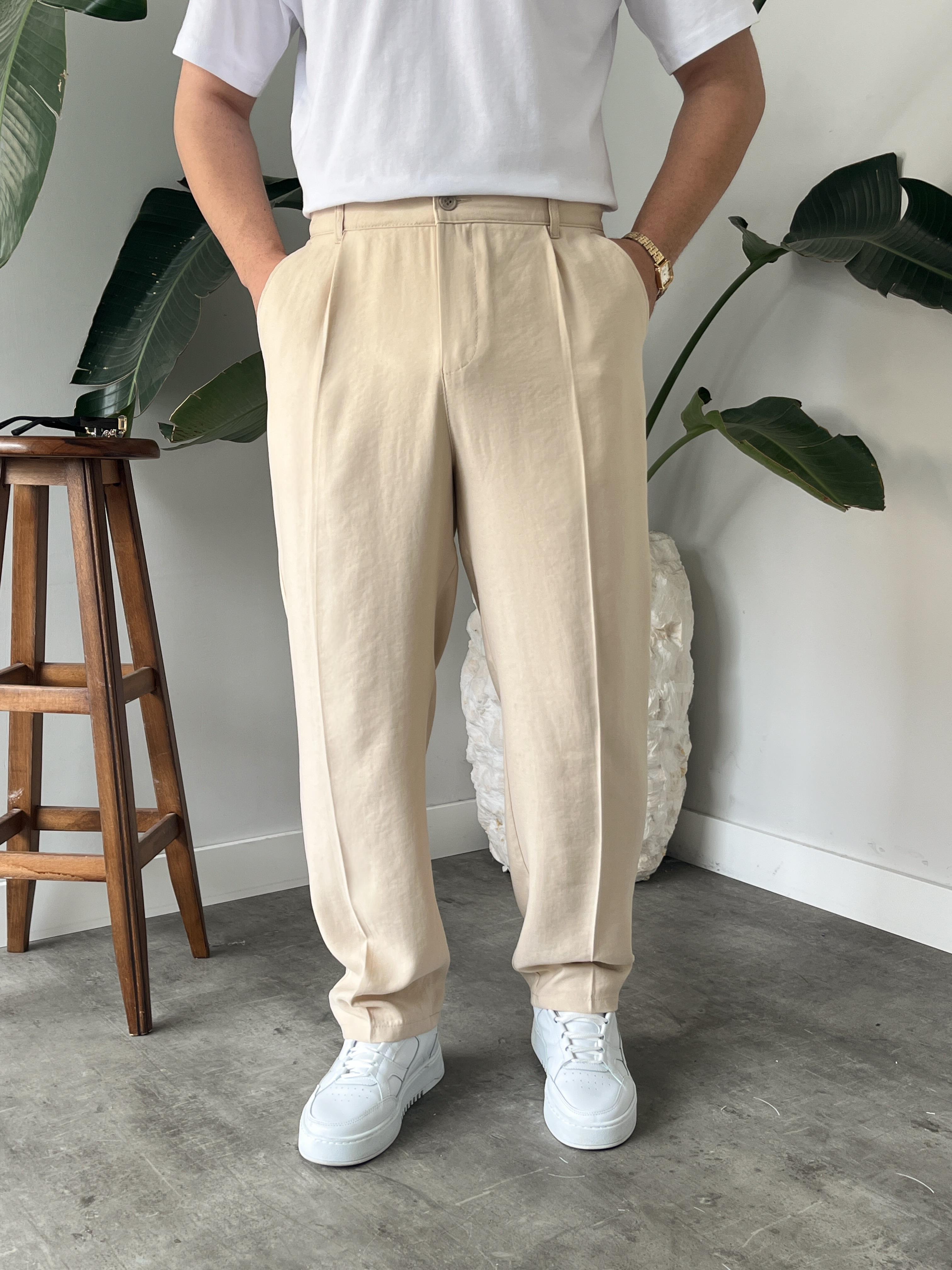 Krem Deluxe Pileli Modal Kumaş Baggy Pantolon