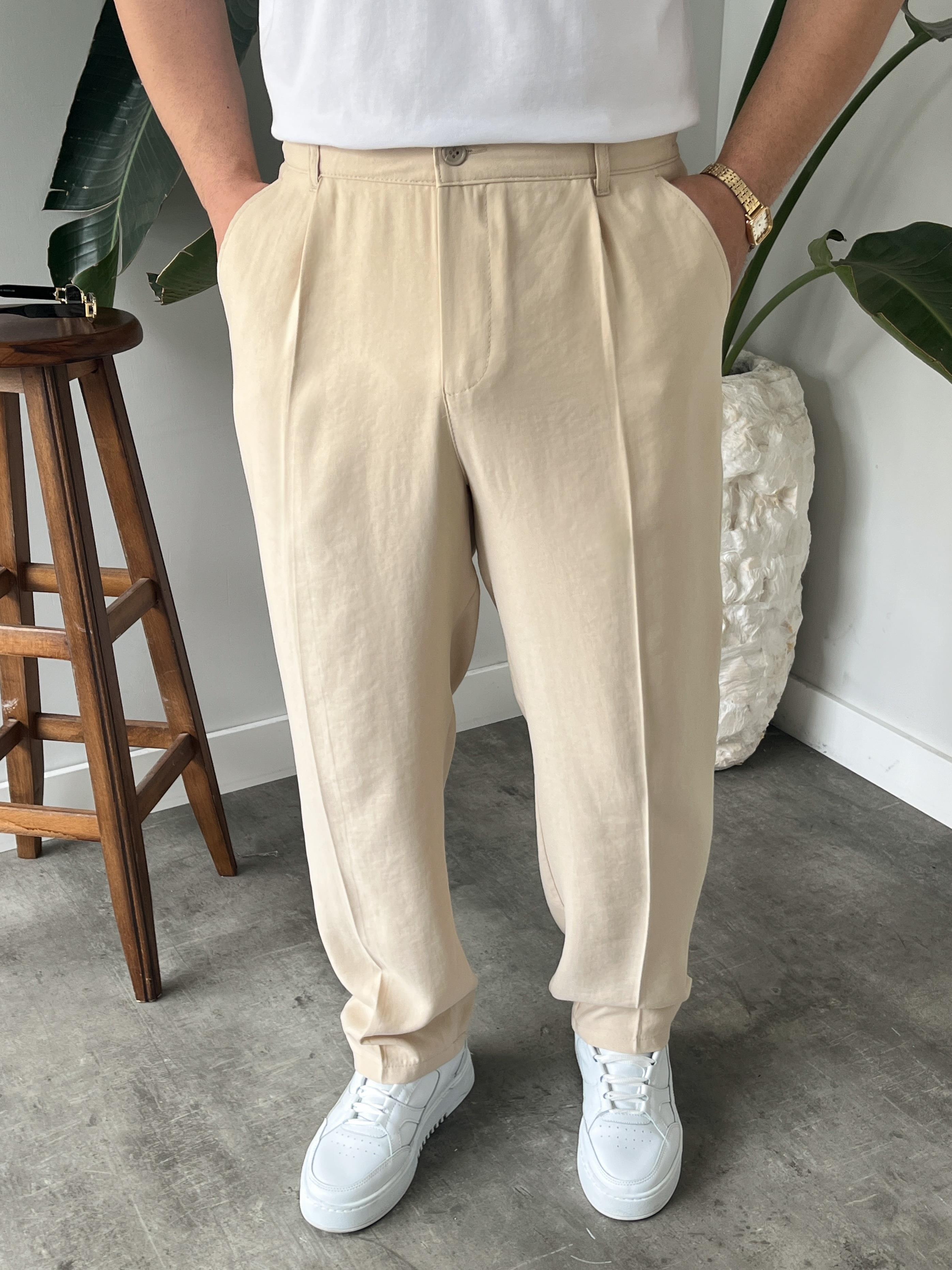 Krem Deluxe Pileli Modal Kumaş Baggy Pantolon