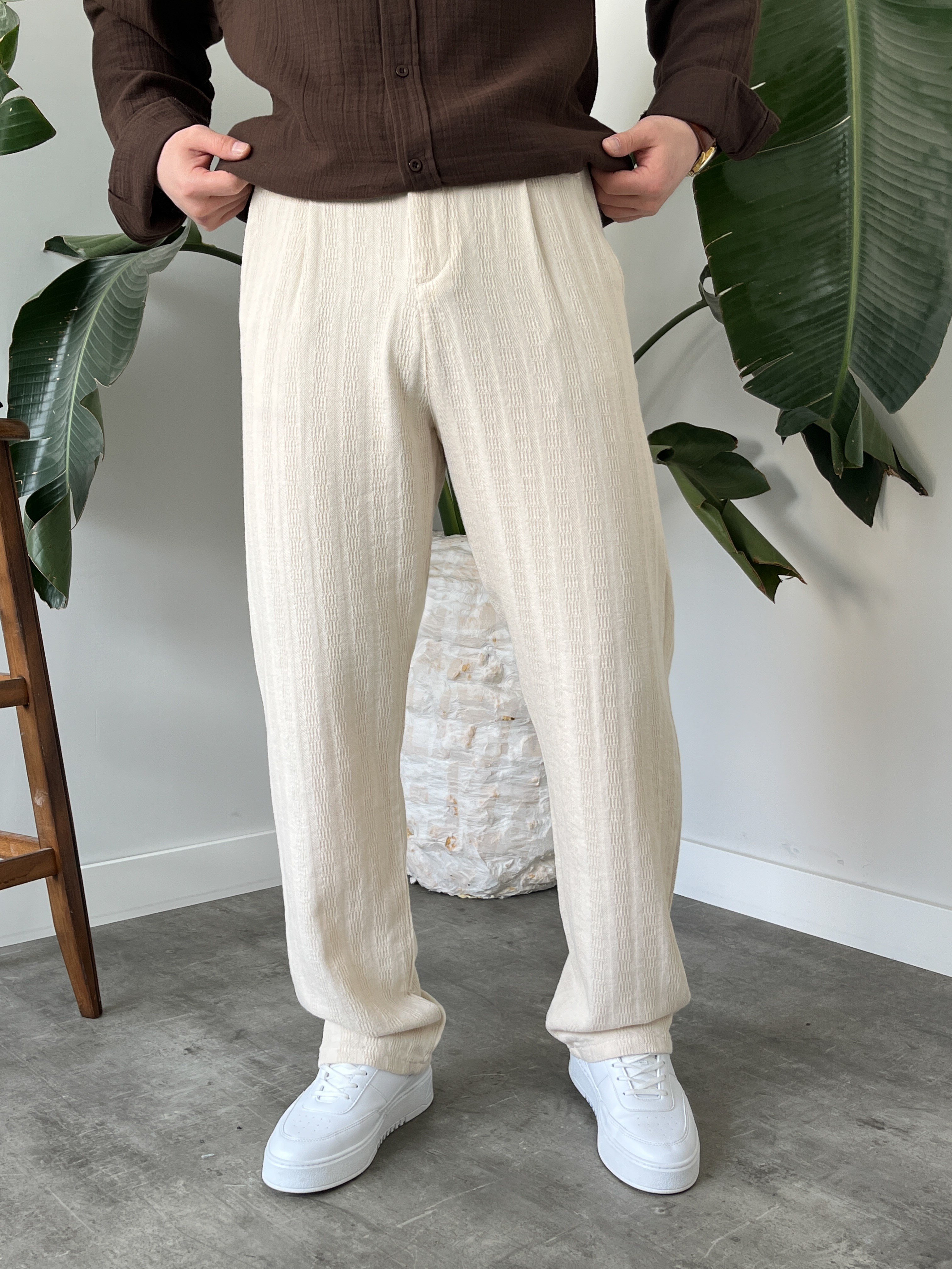 Krem Desenli Keten Baggy Pantolon