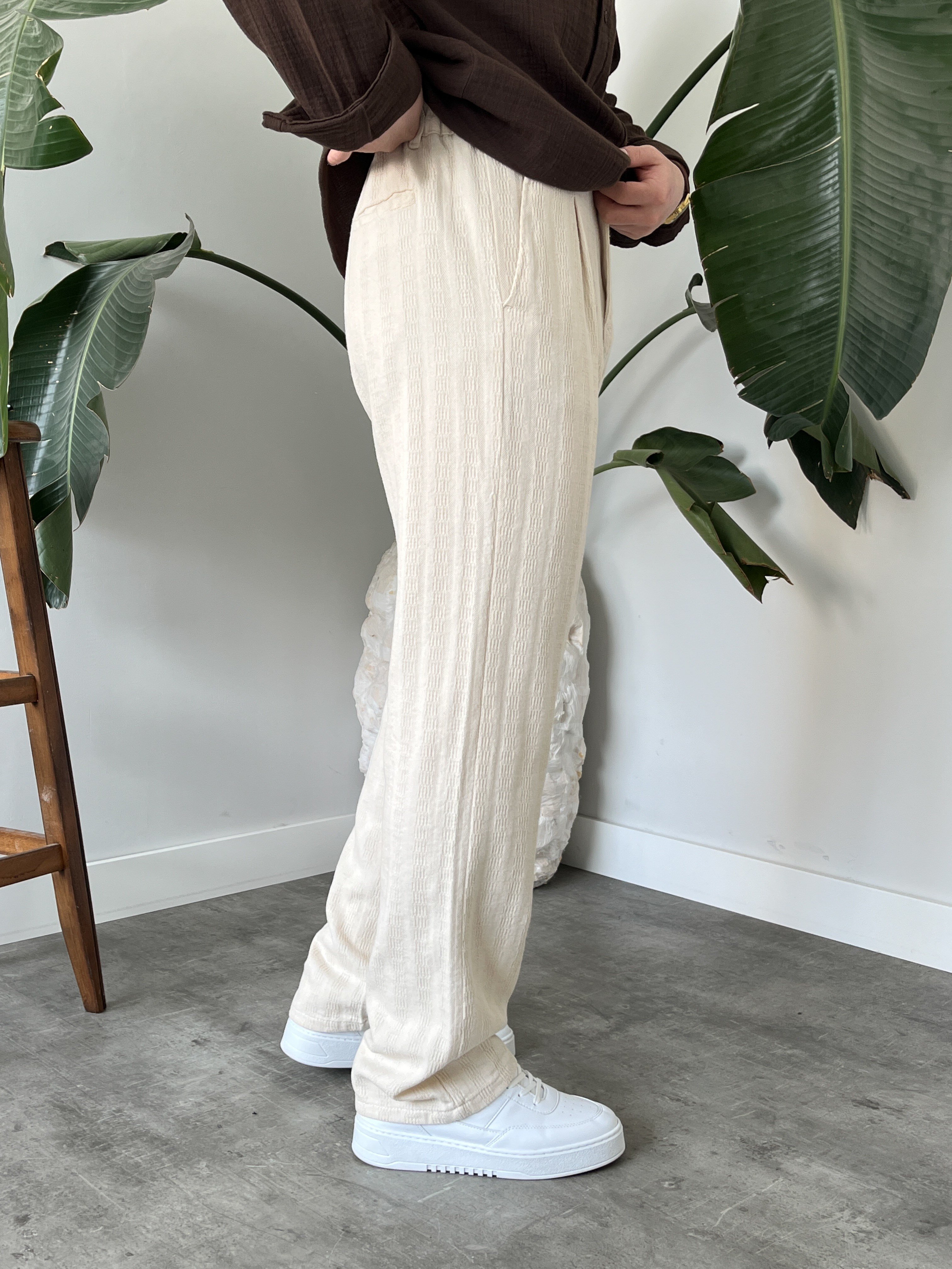 Krem Desenli Keten Baggy Pantolon