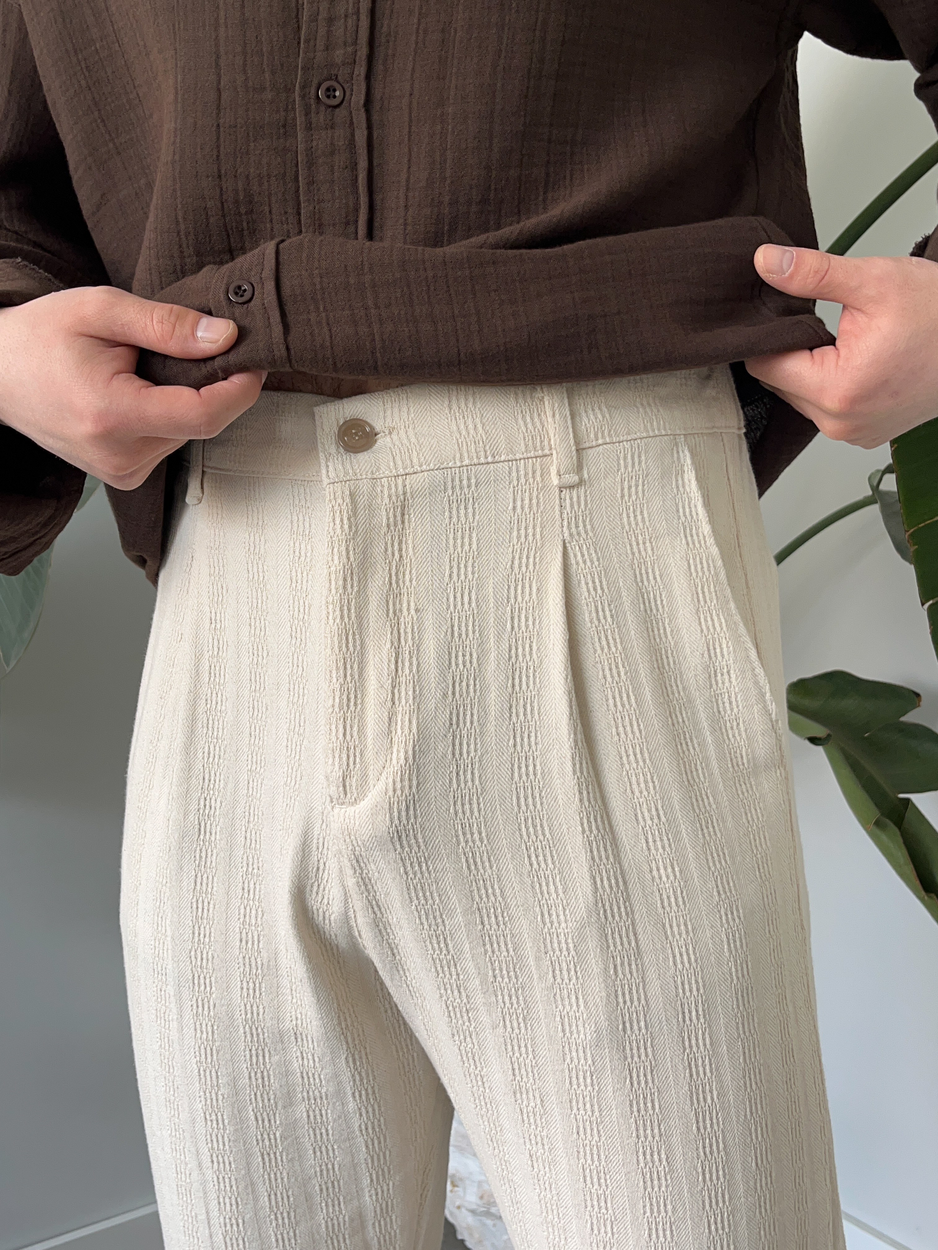 Krem Desenli Keten Baggy Pantolon