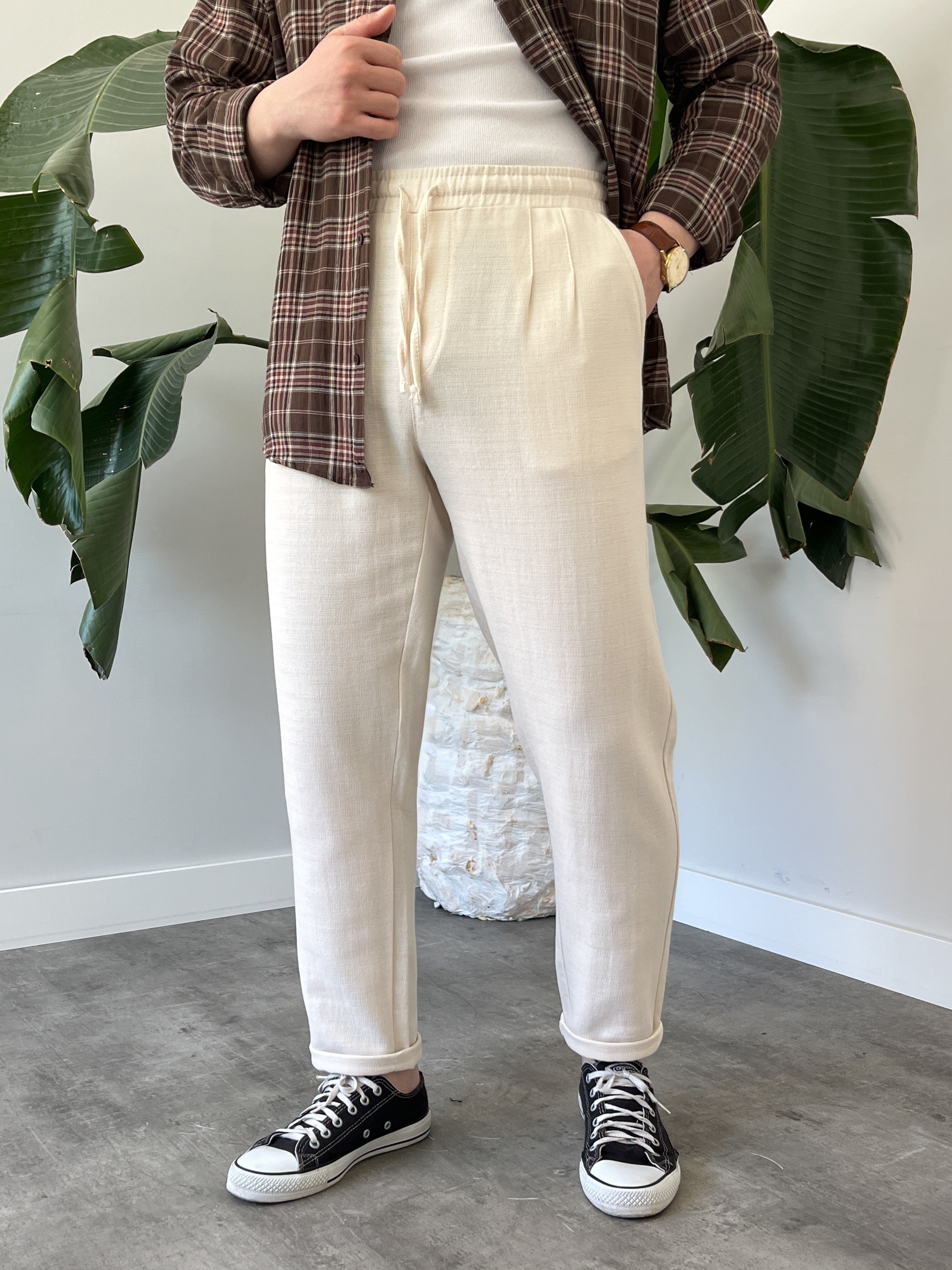 Krem Duble Paça Keten Boyfriend Pantolon