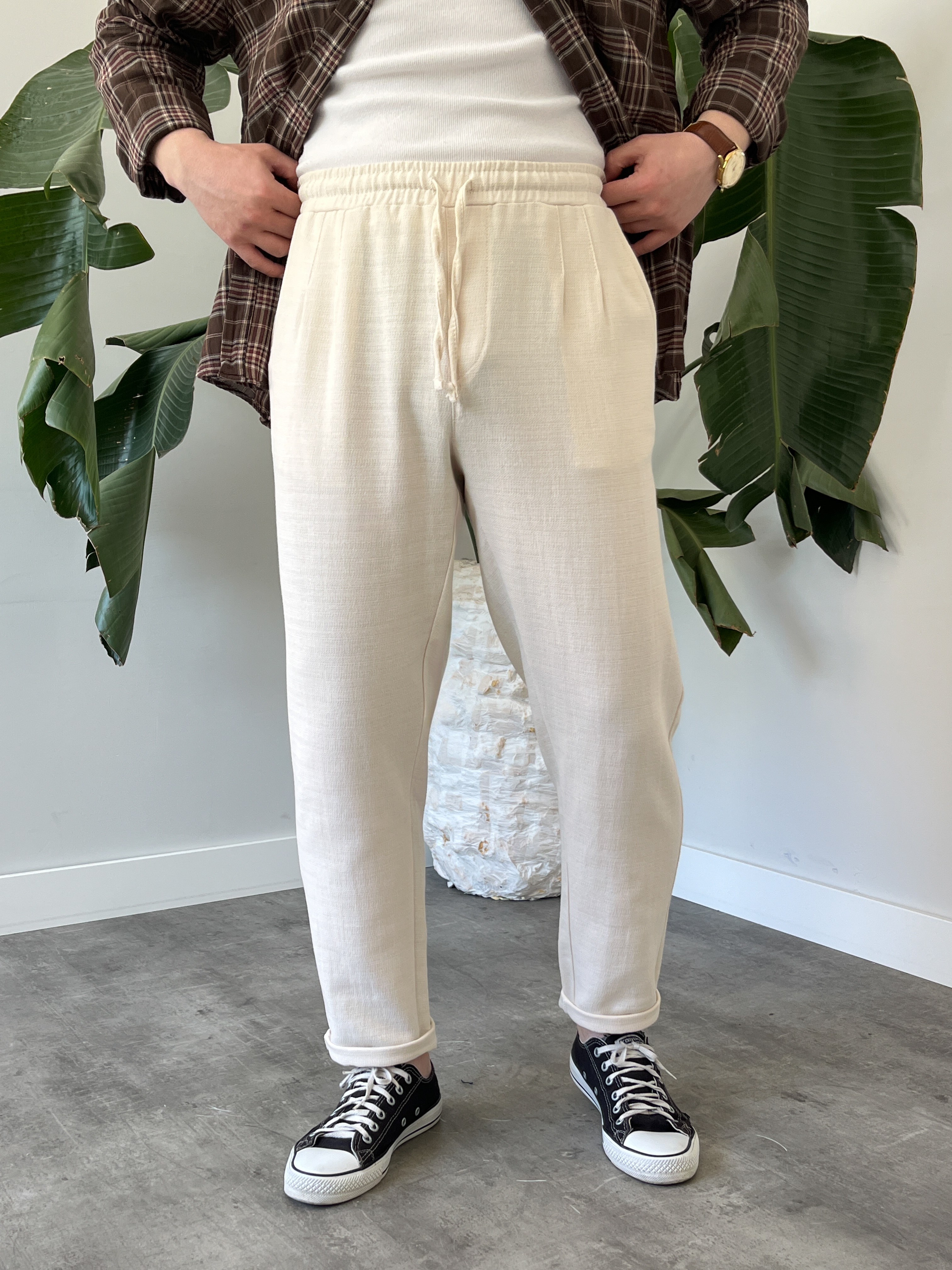 Krem Duble Paça Keten Boyfriend Pantolon