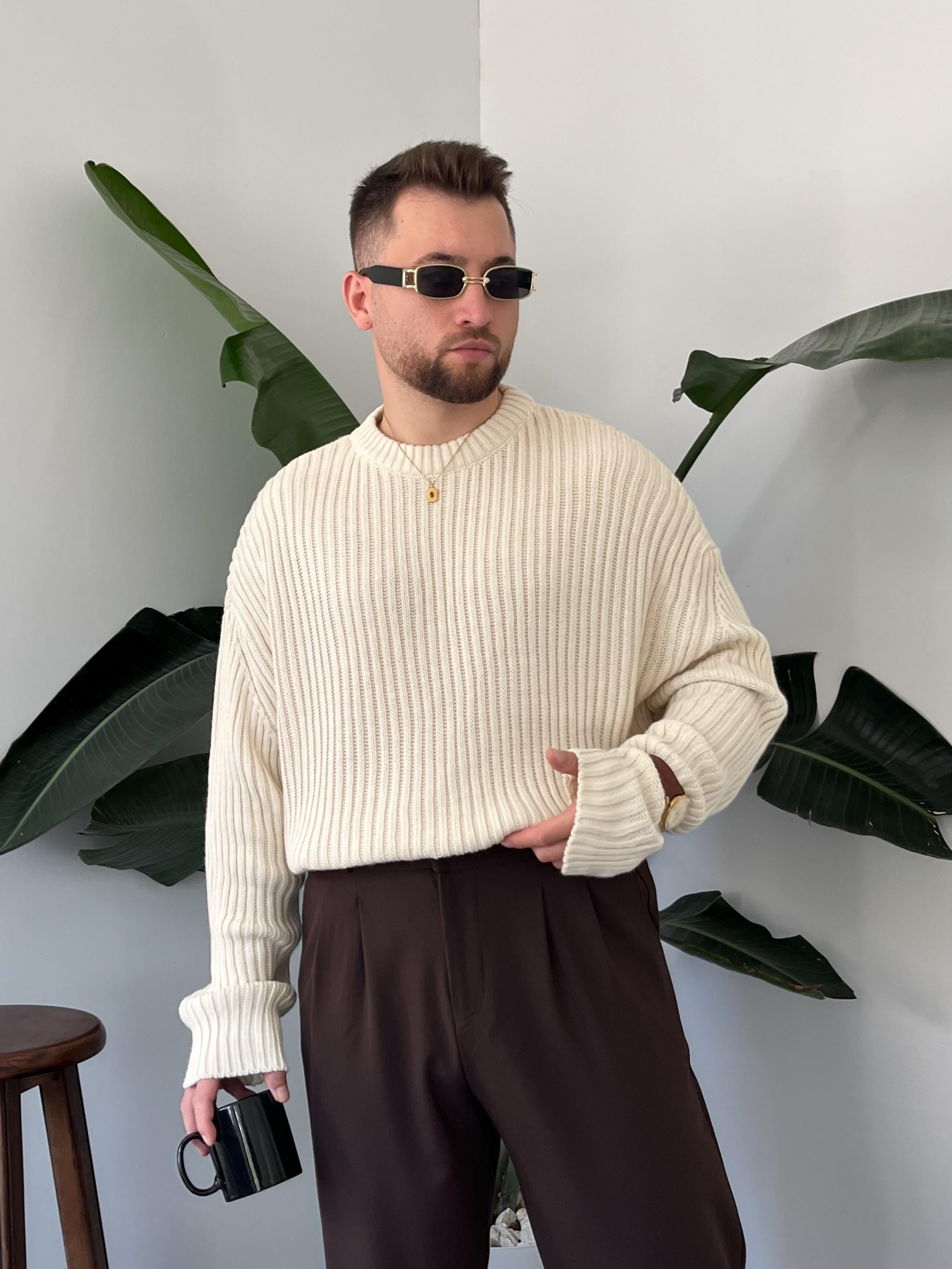 Krem Extra Dolgulu Oversize Örgü Kazak