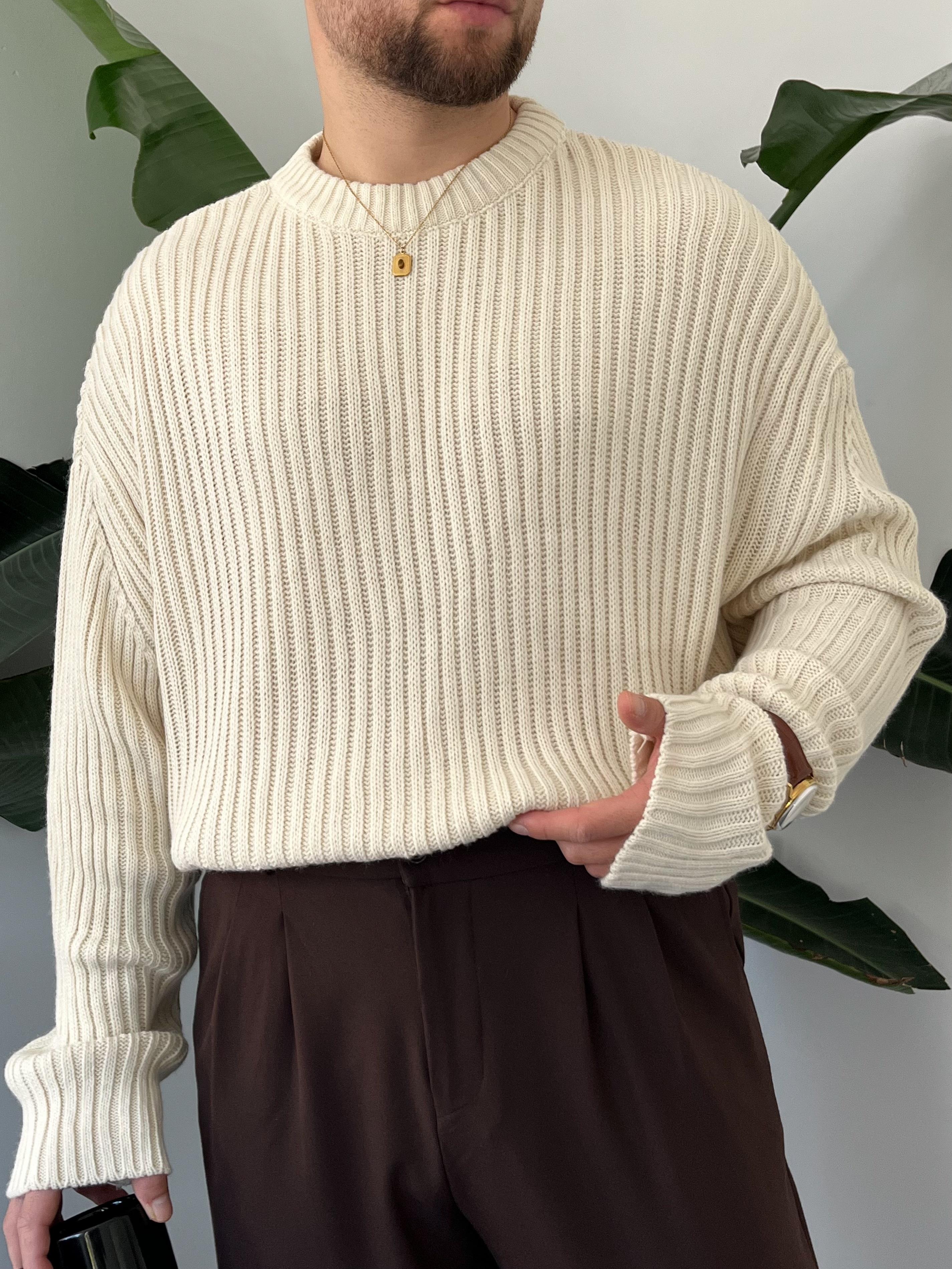Krem Extra Dolgulu Oversize Örgü Kazak