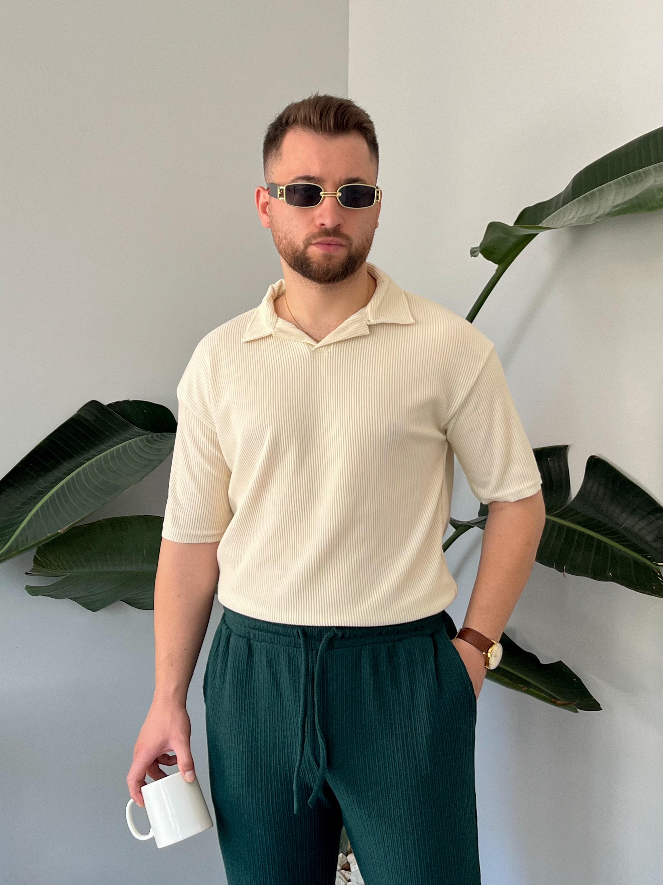 Krem Fitilli Polo Yaka T-shirt