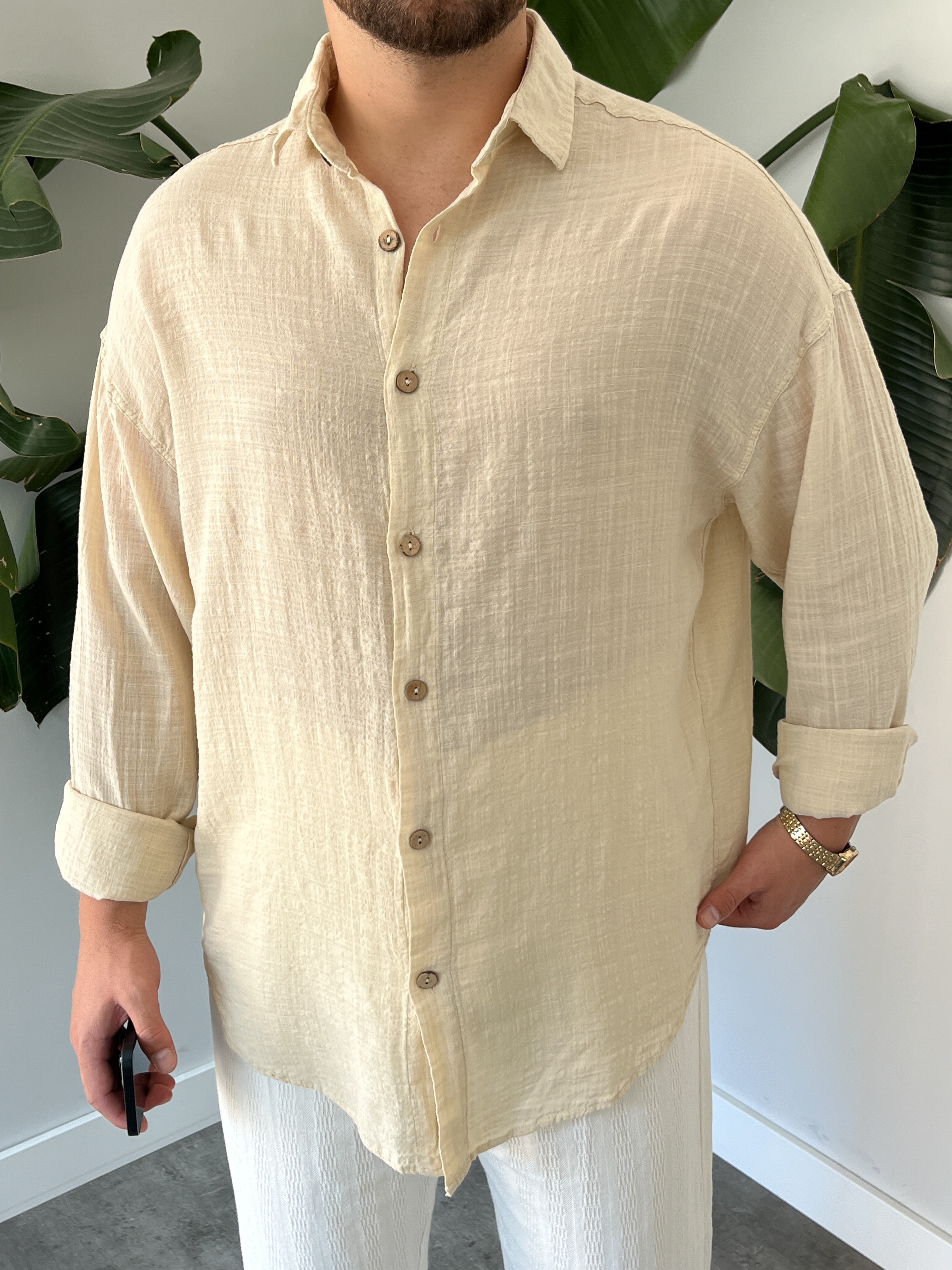 Krem Gofre Keten Oversize Gömlek