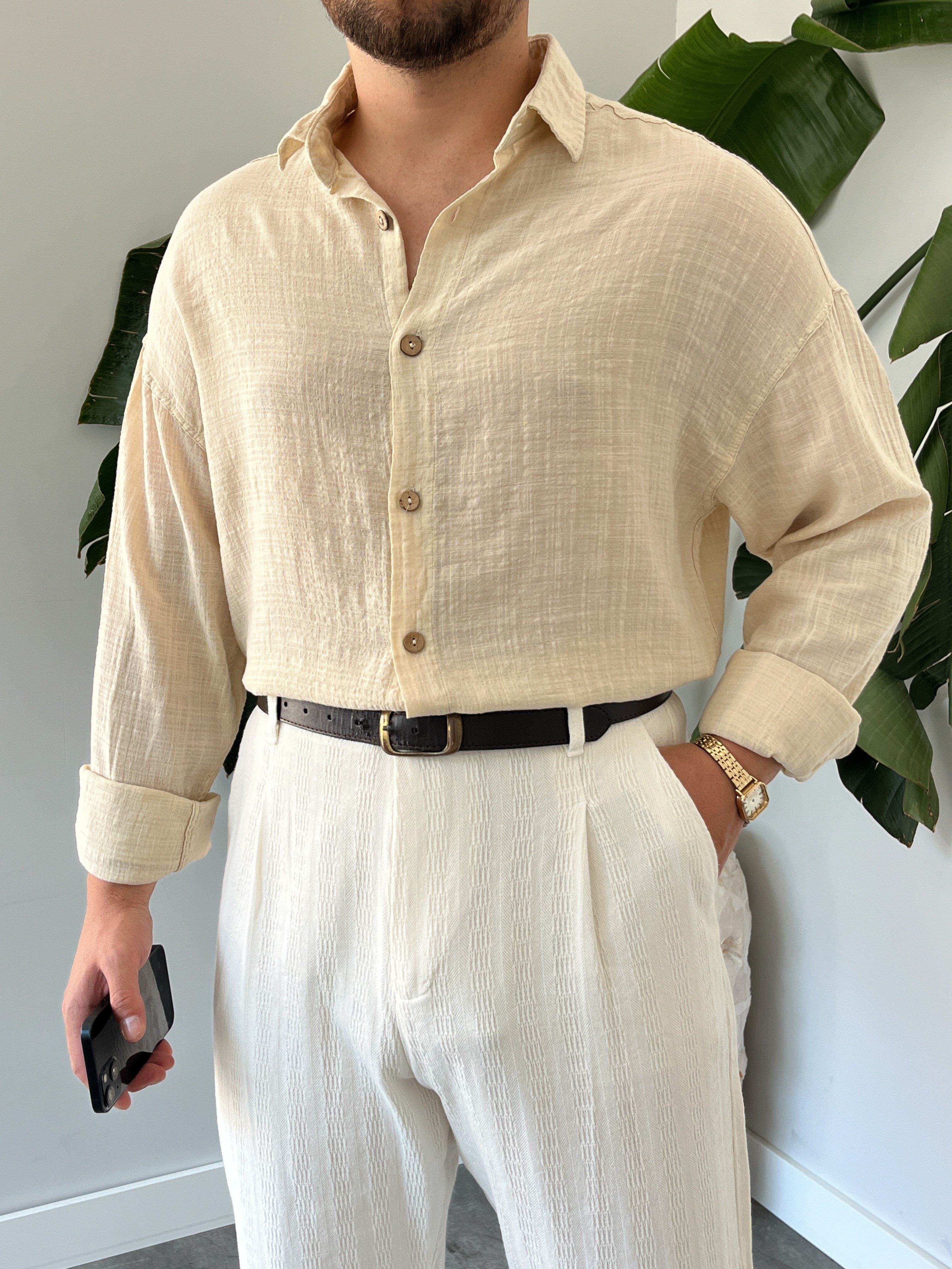Krem Gofre Keten Oversize Gömlek