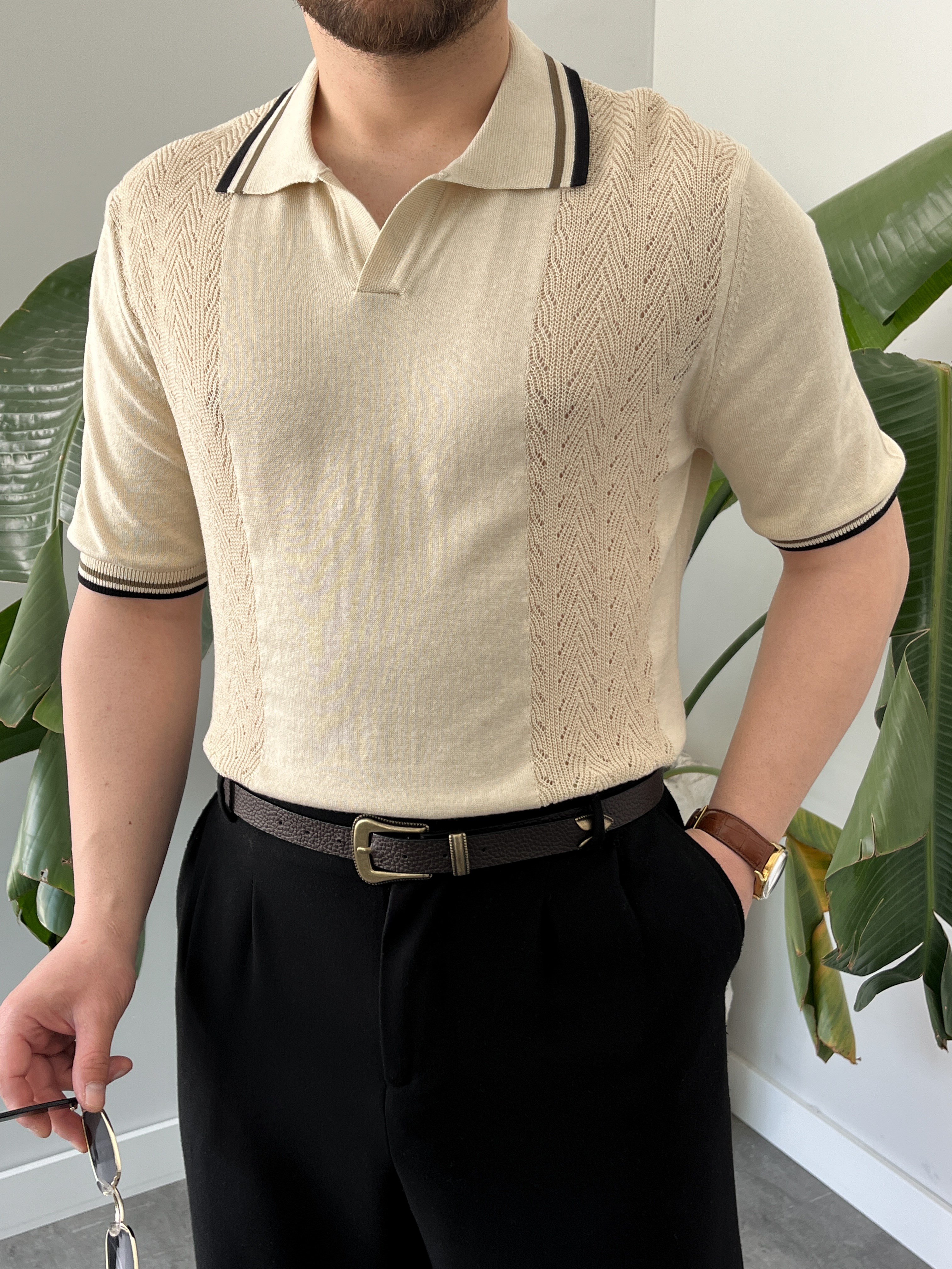 Krem İtalyan Kesim Polo Yaka Triko