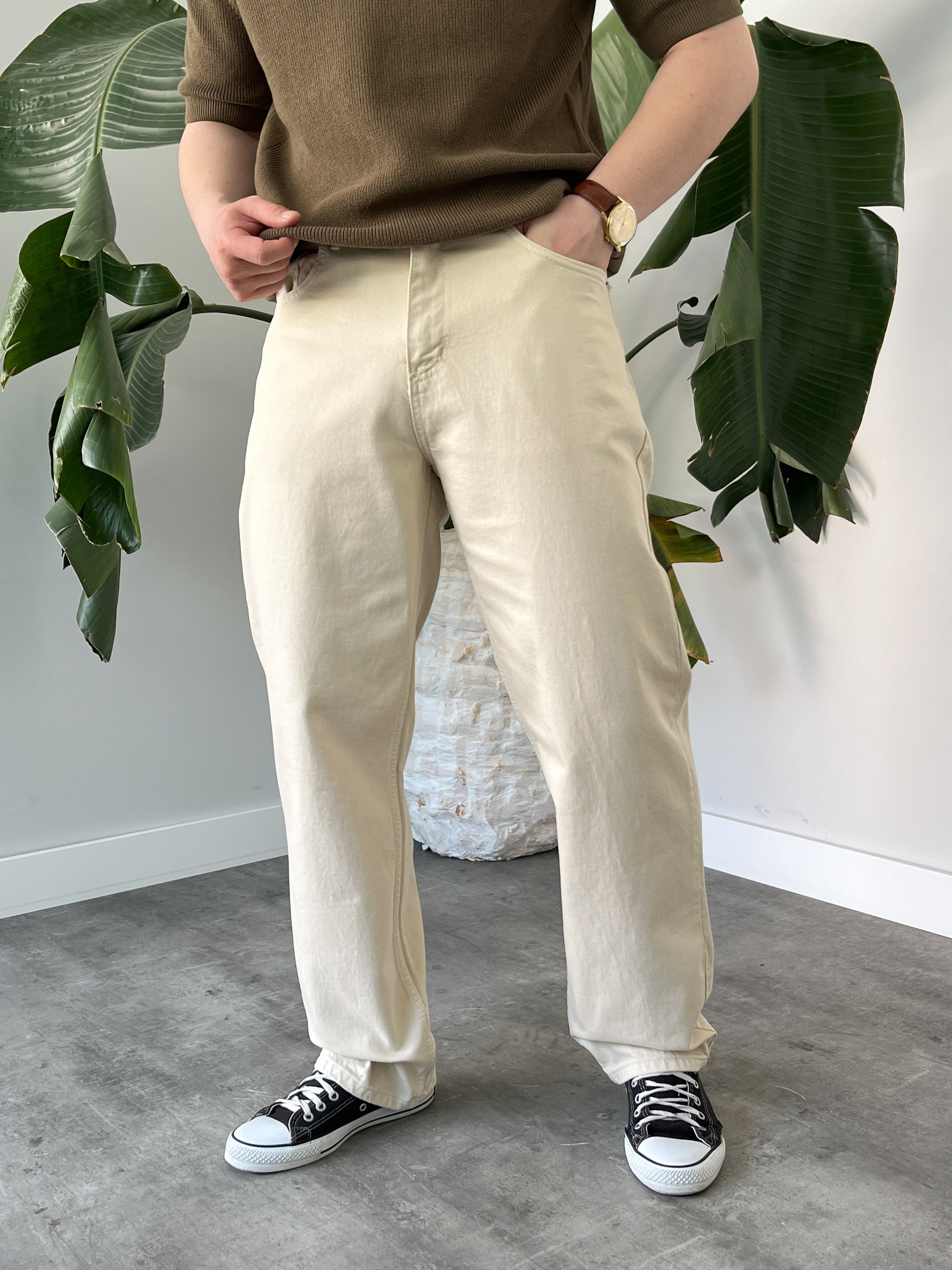 Krem Kanvas Baggy Jean