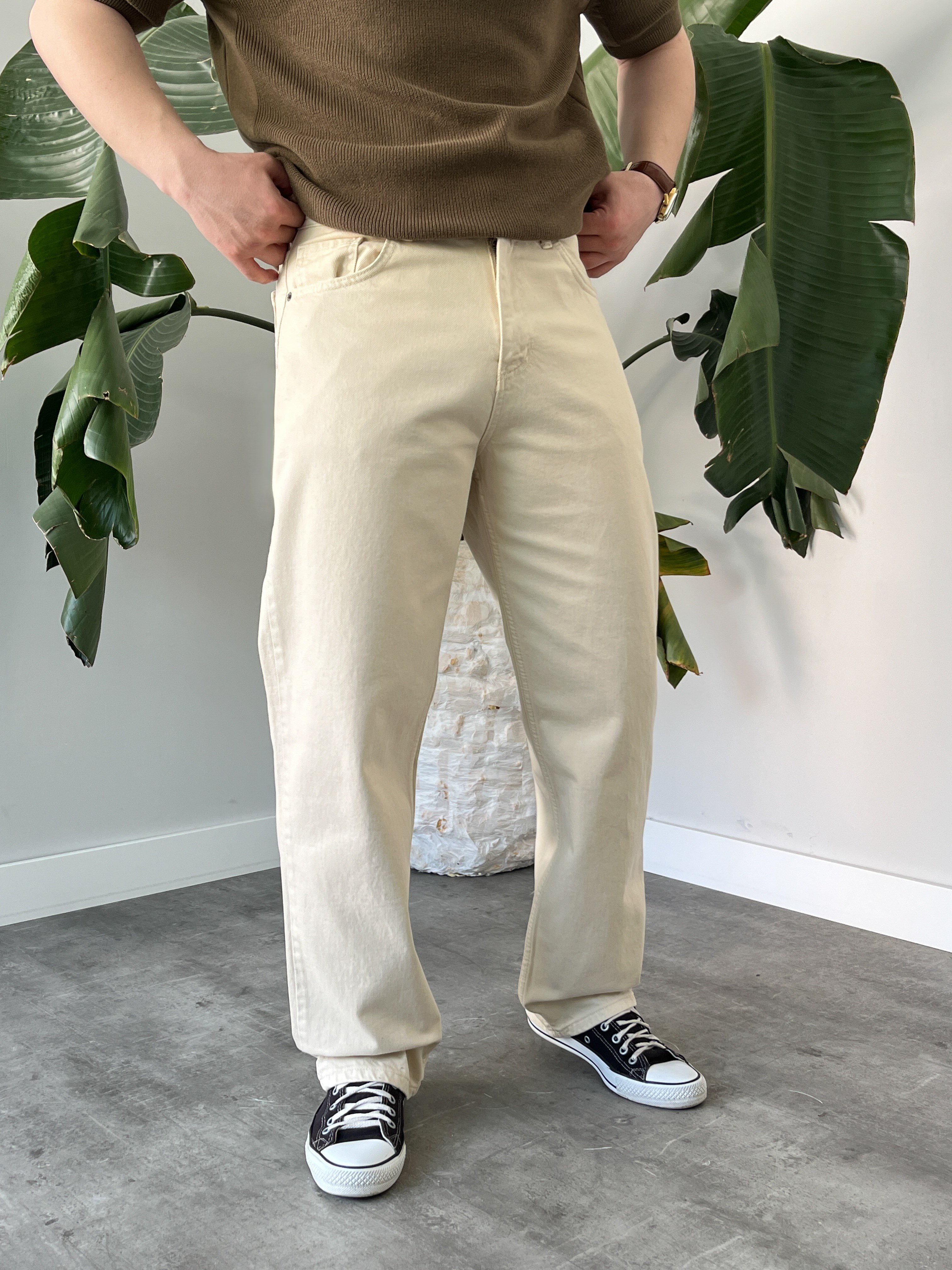 Krem Kanvas Baggy Jean