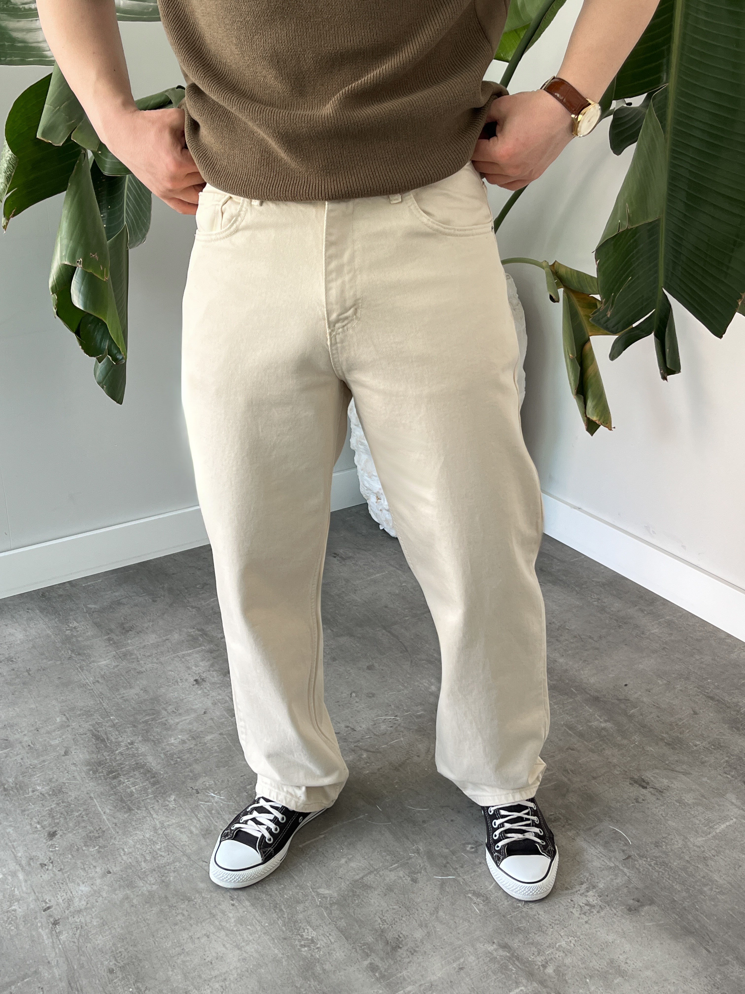 Krem Kanvas Baggy Jean