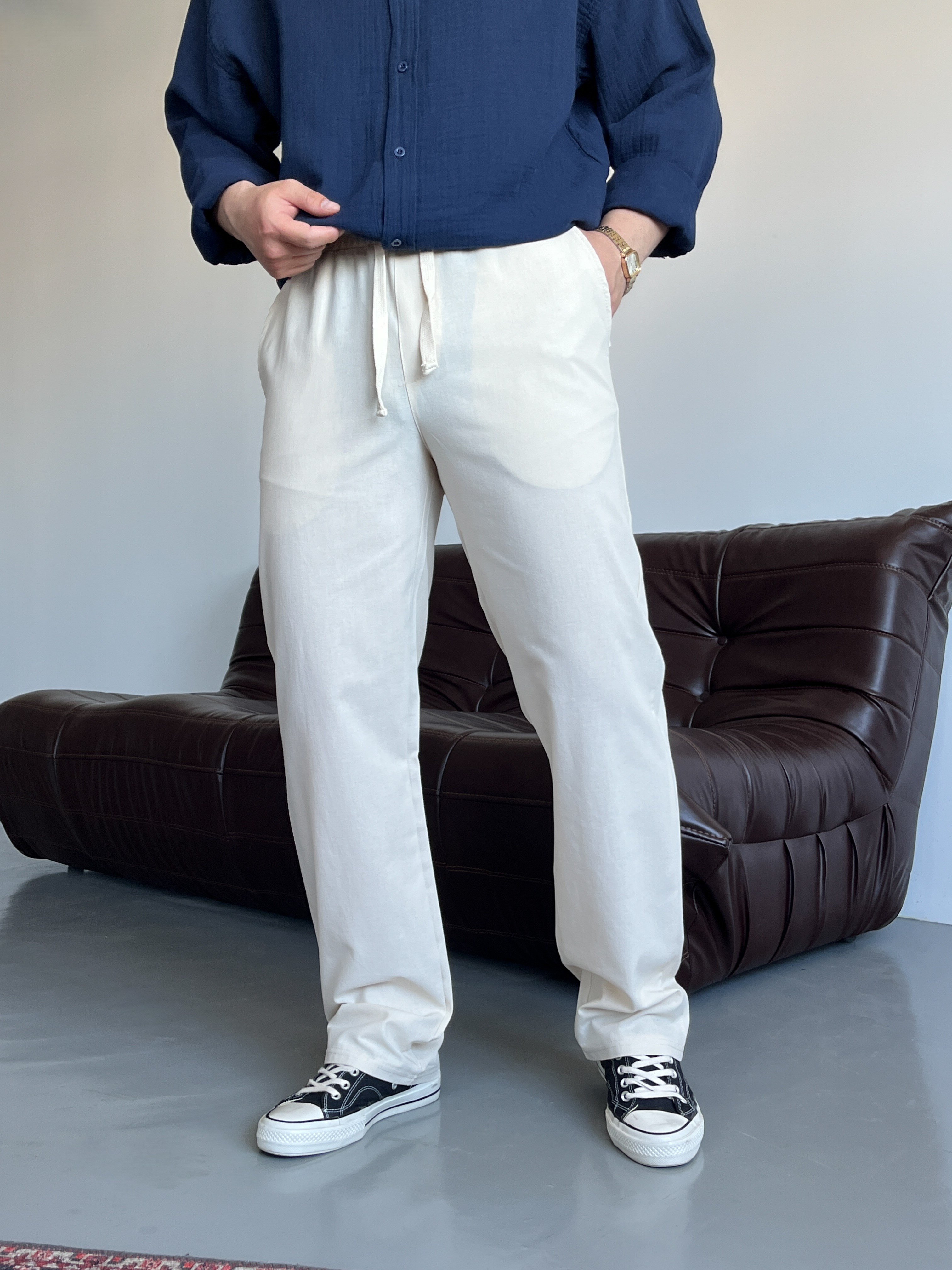 Krem Lizalı Pamuk Keten Baggy Pantolon