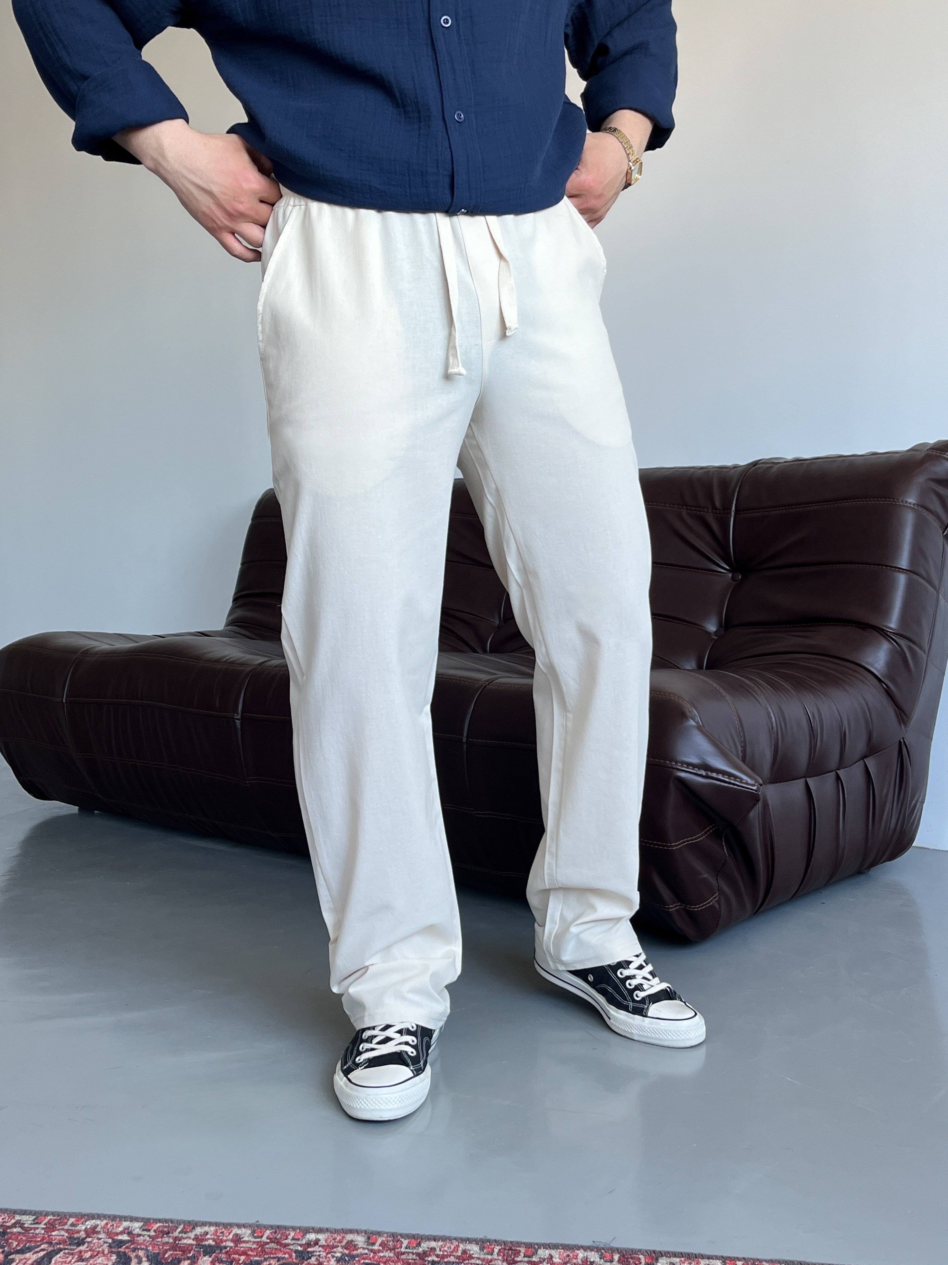 Krem Lizalı Pamuk Keten Baggy Pantolon