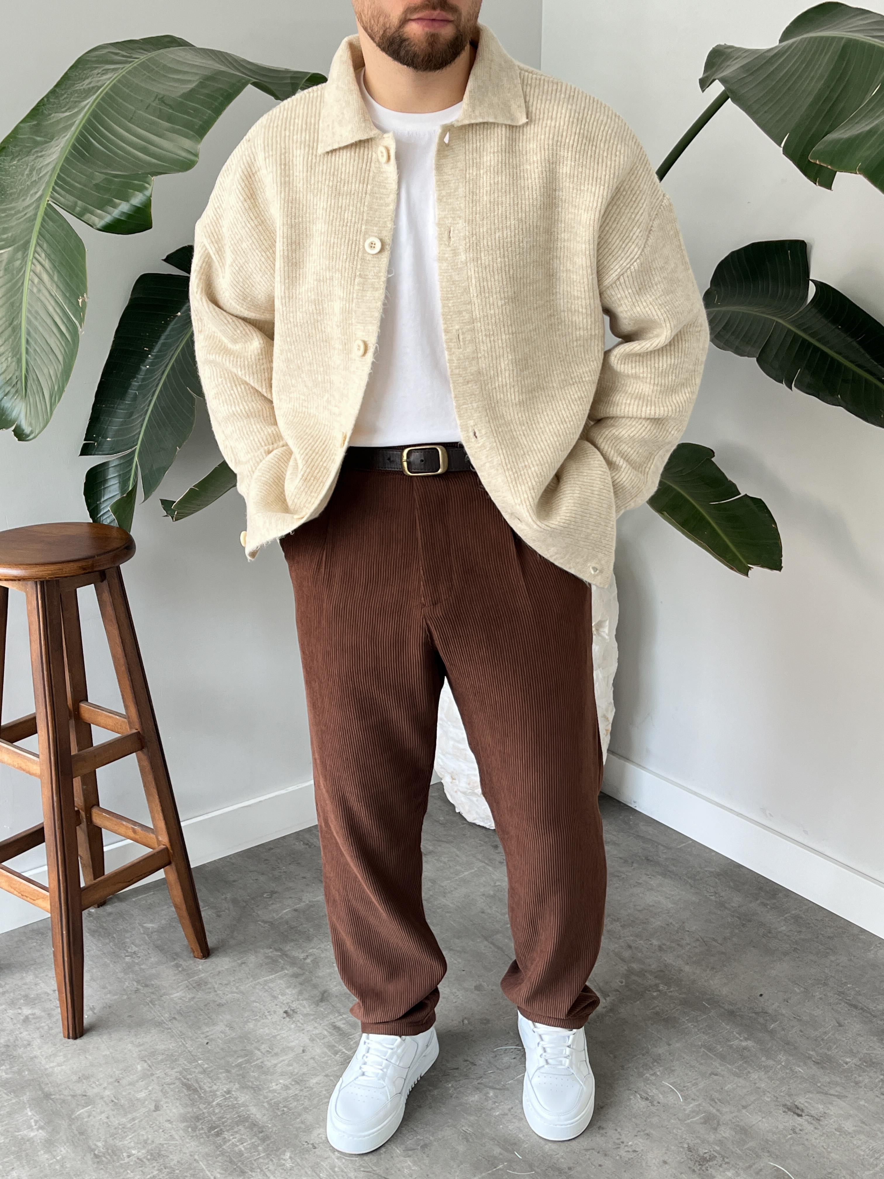 Krem Örme Düğmeli Polo Yaka Oversize Hırka