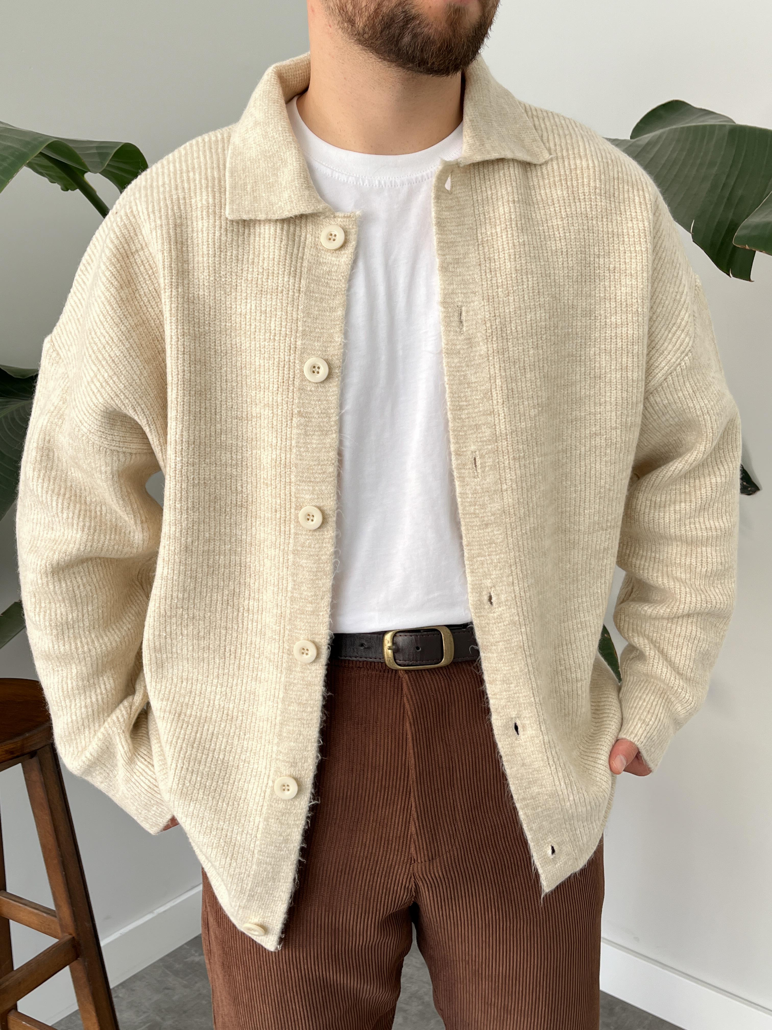 Krem Örme Düğmeli Polo Yaka Oversize Hırka