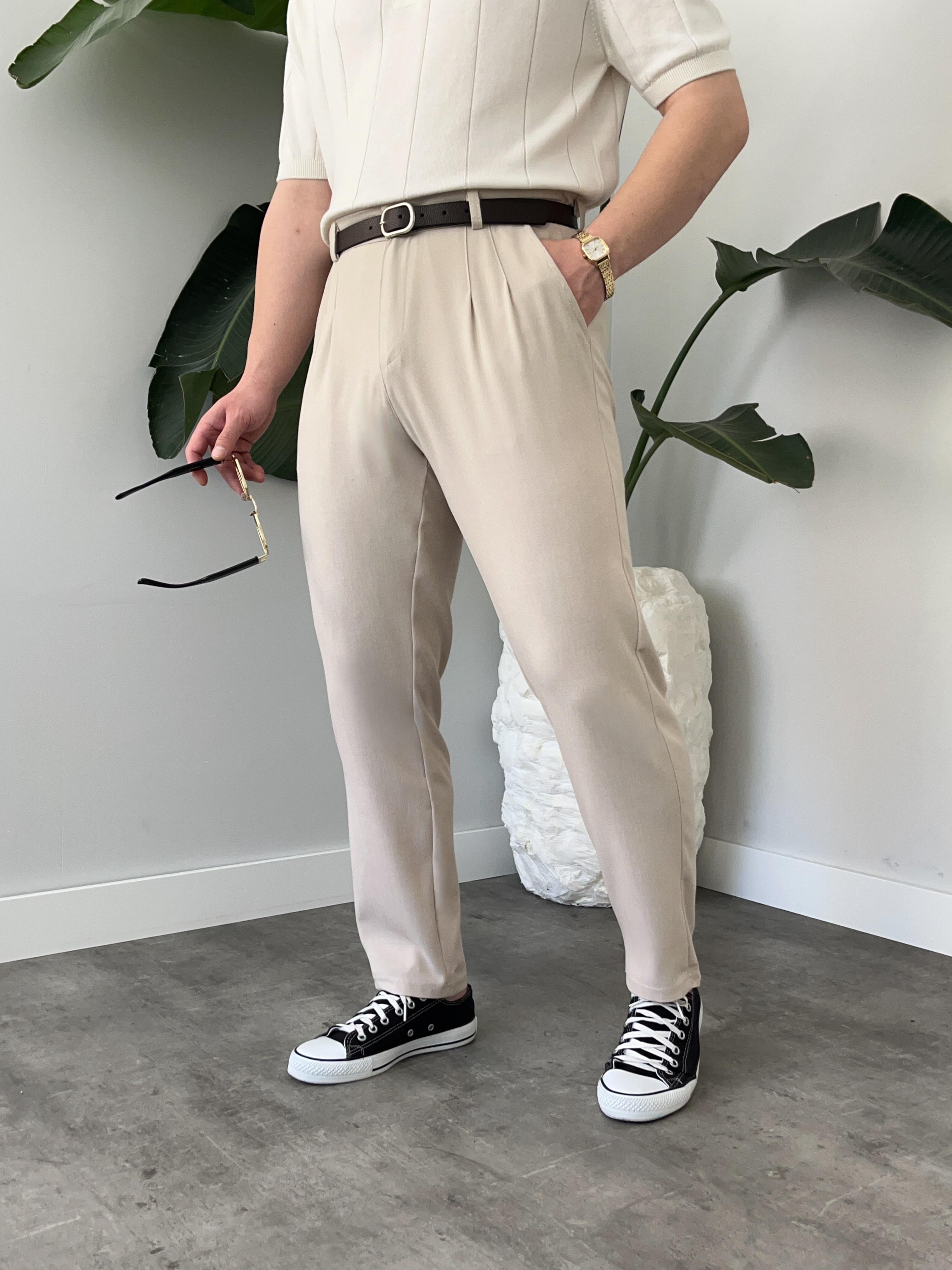 Krem Pileli Boyfriend Kumaş Pantolon
