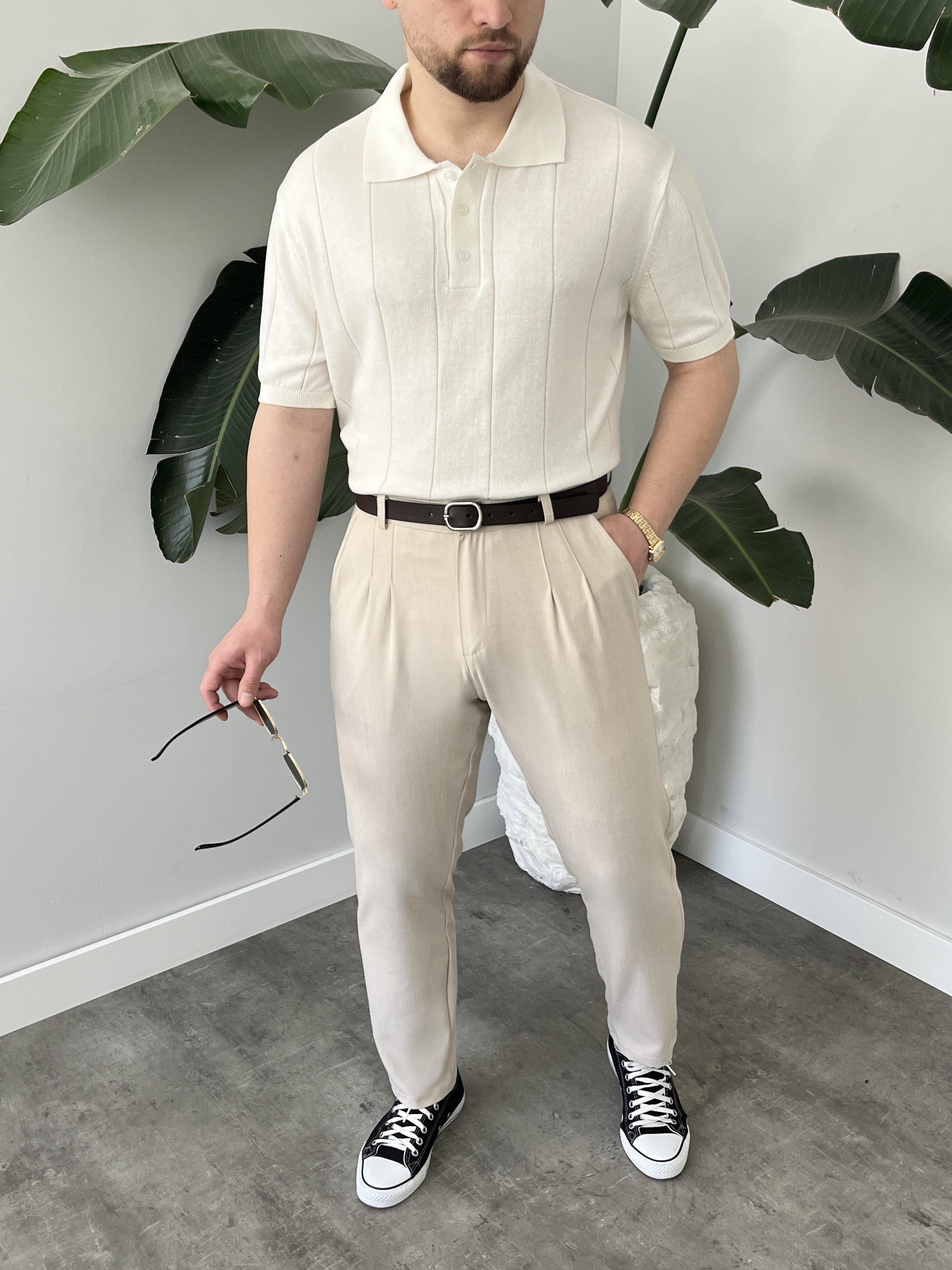 Krem Pileli Boyfriend Kumaş Pantolon