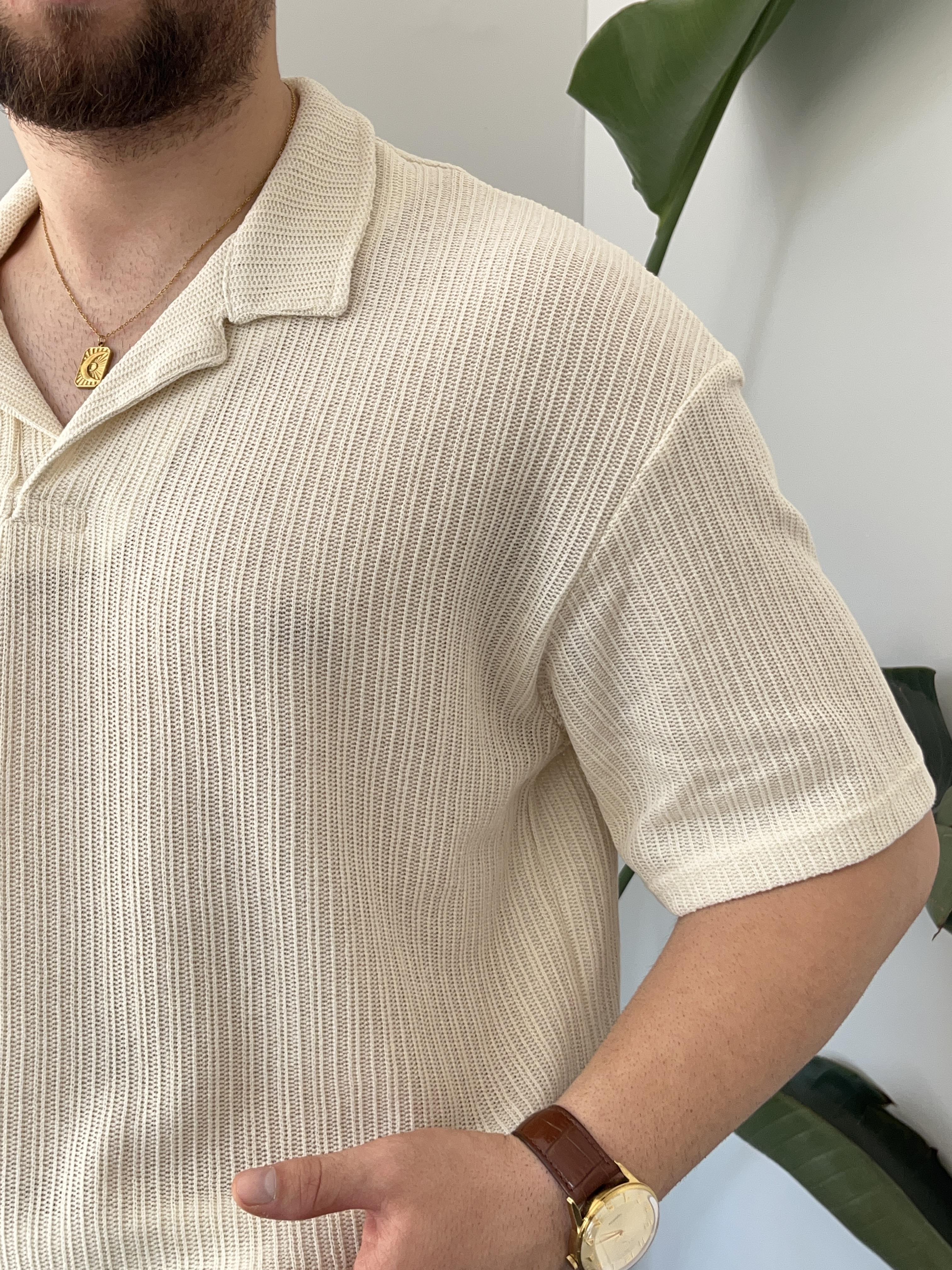 Krem Polo Yaka Örme Triko T-shirt
