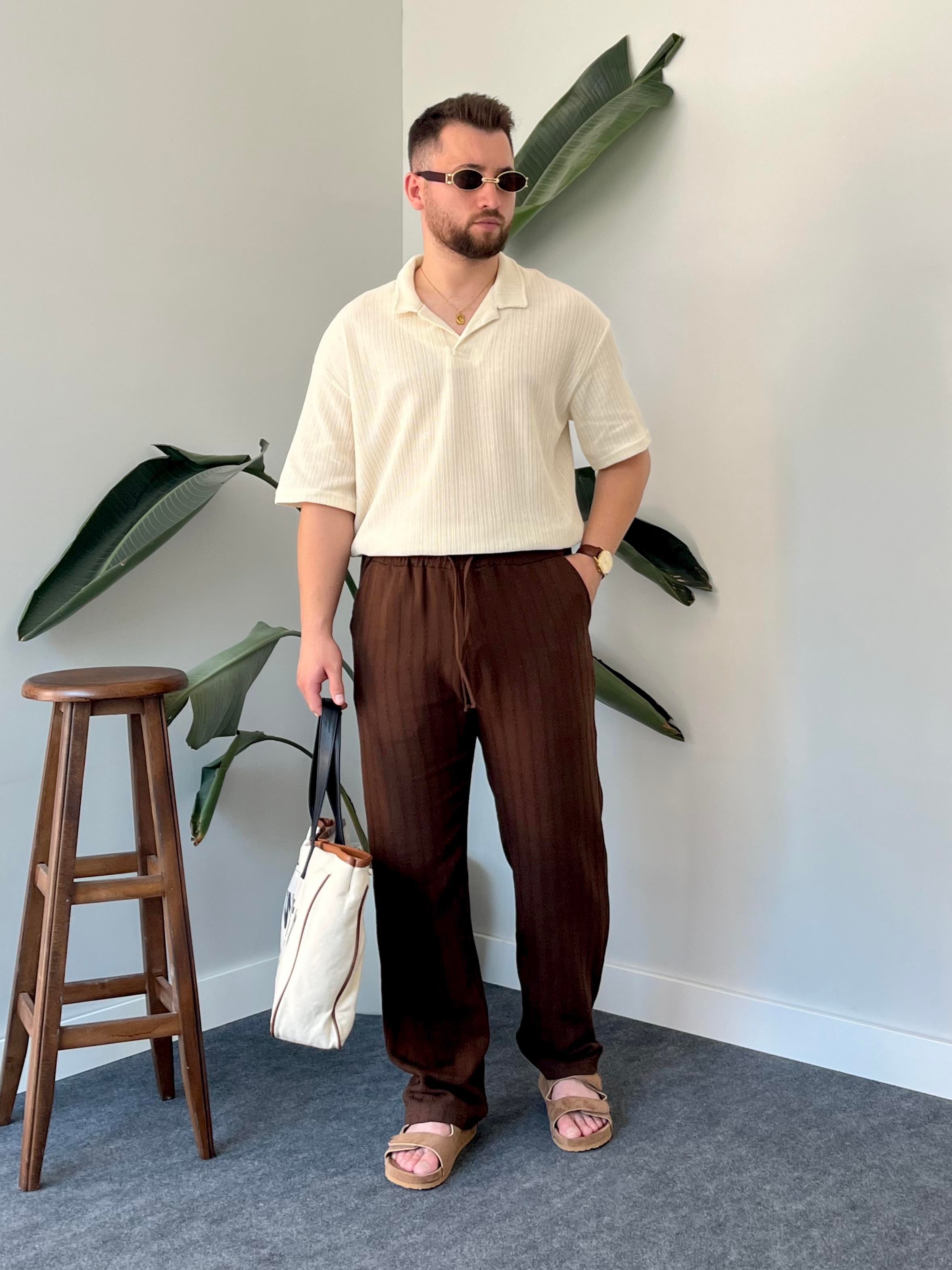 Krem Polo Yaka Örme Triko T-shirt