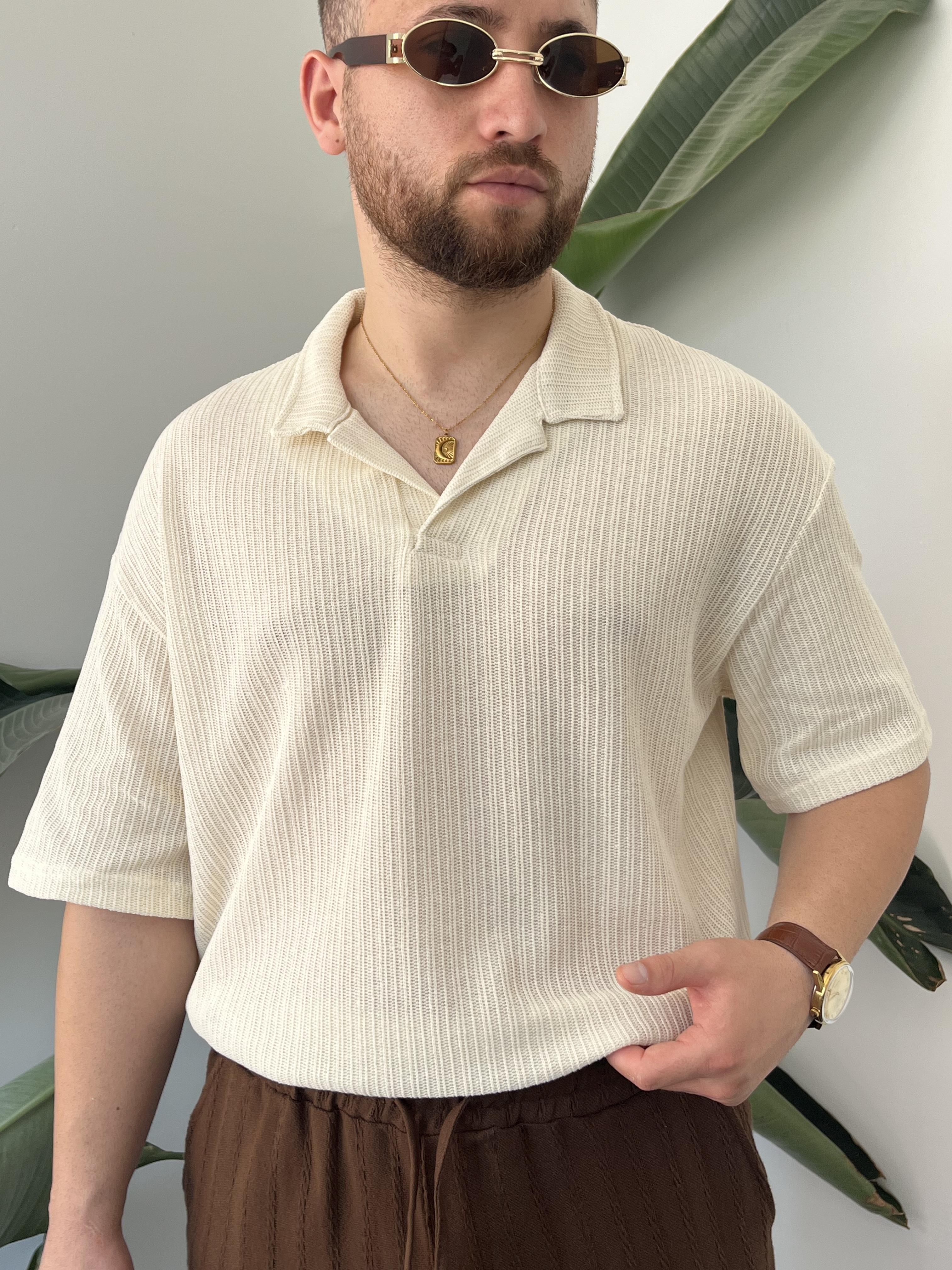 Krem Polo Yaka Örme Triko T-shirt