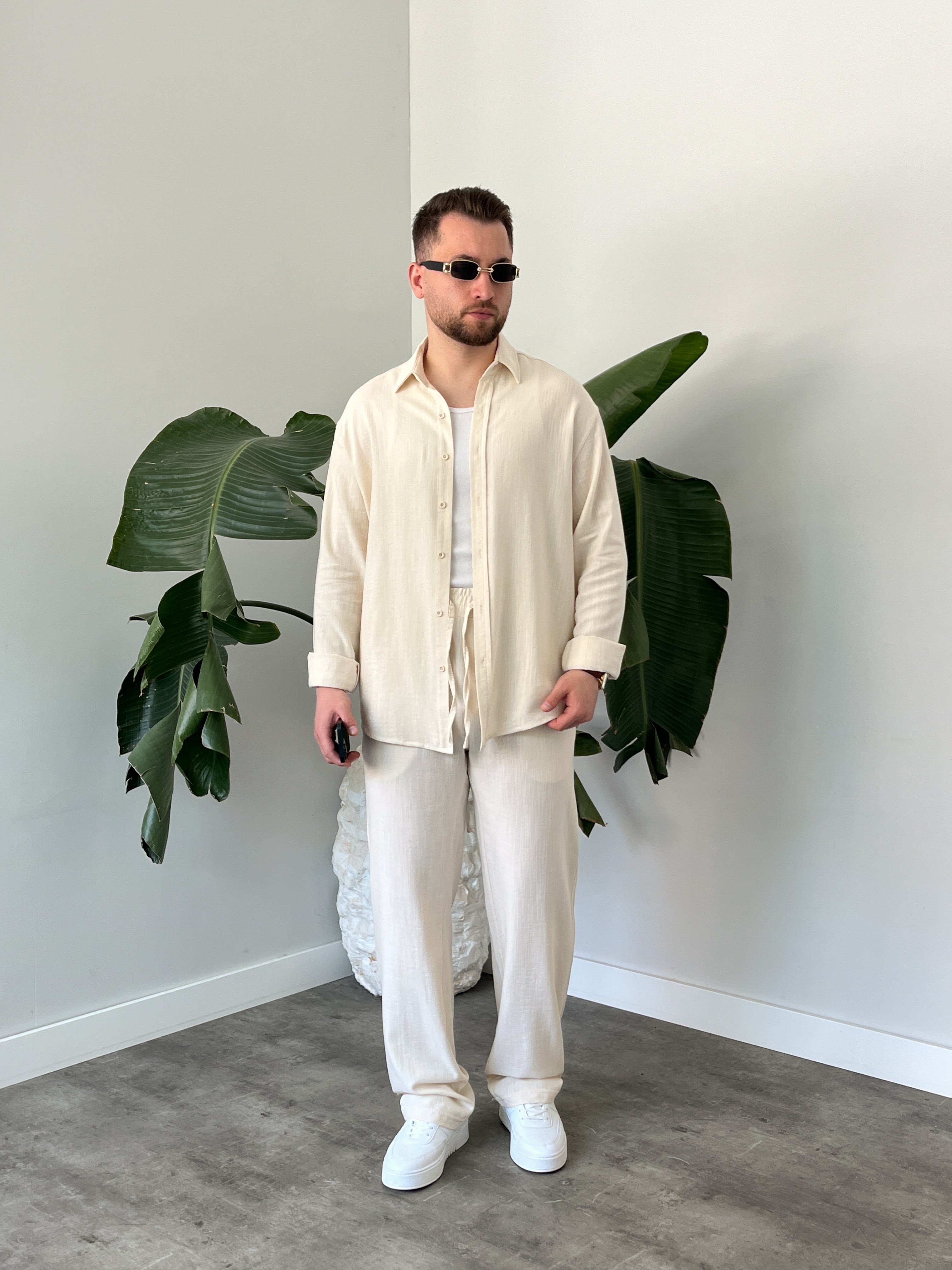 Krem Serra Keten Oversize Takım