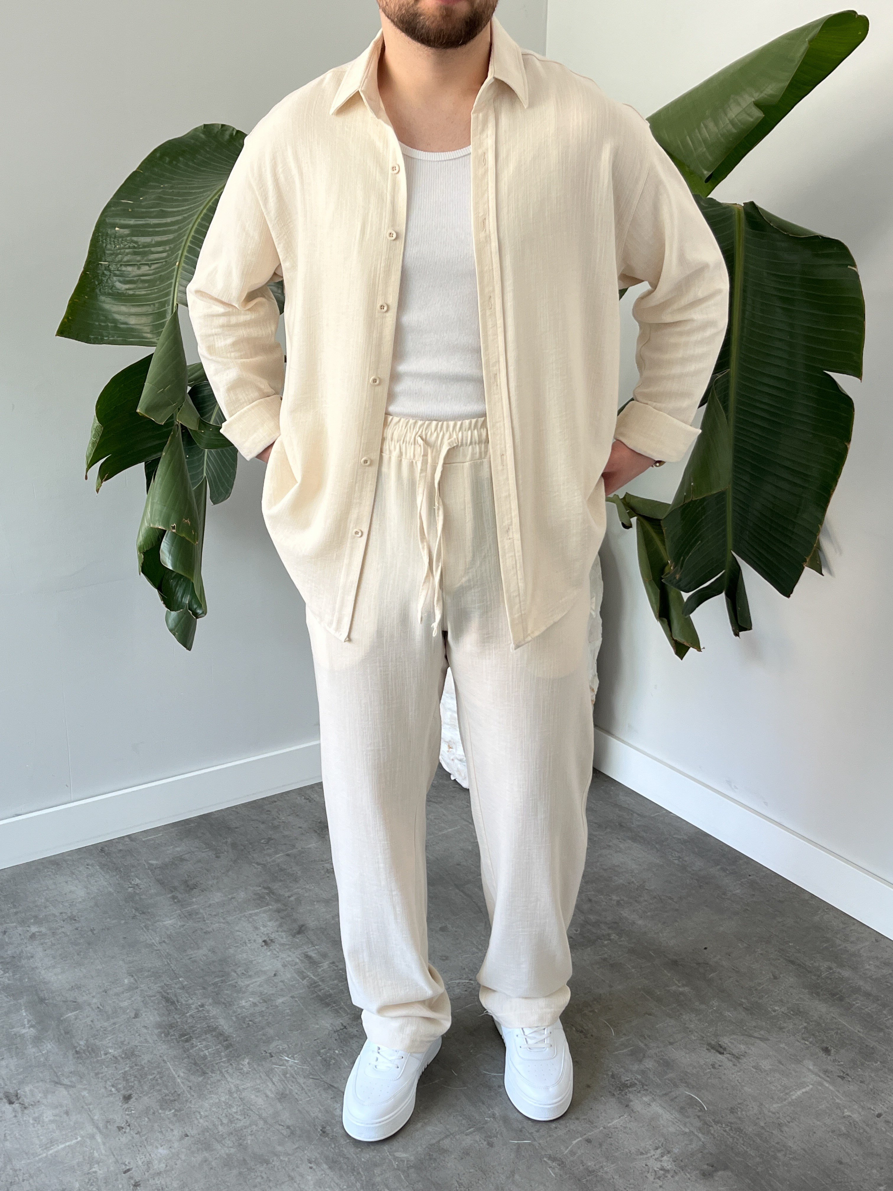 Krem Serra Keten Oversize Takım