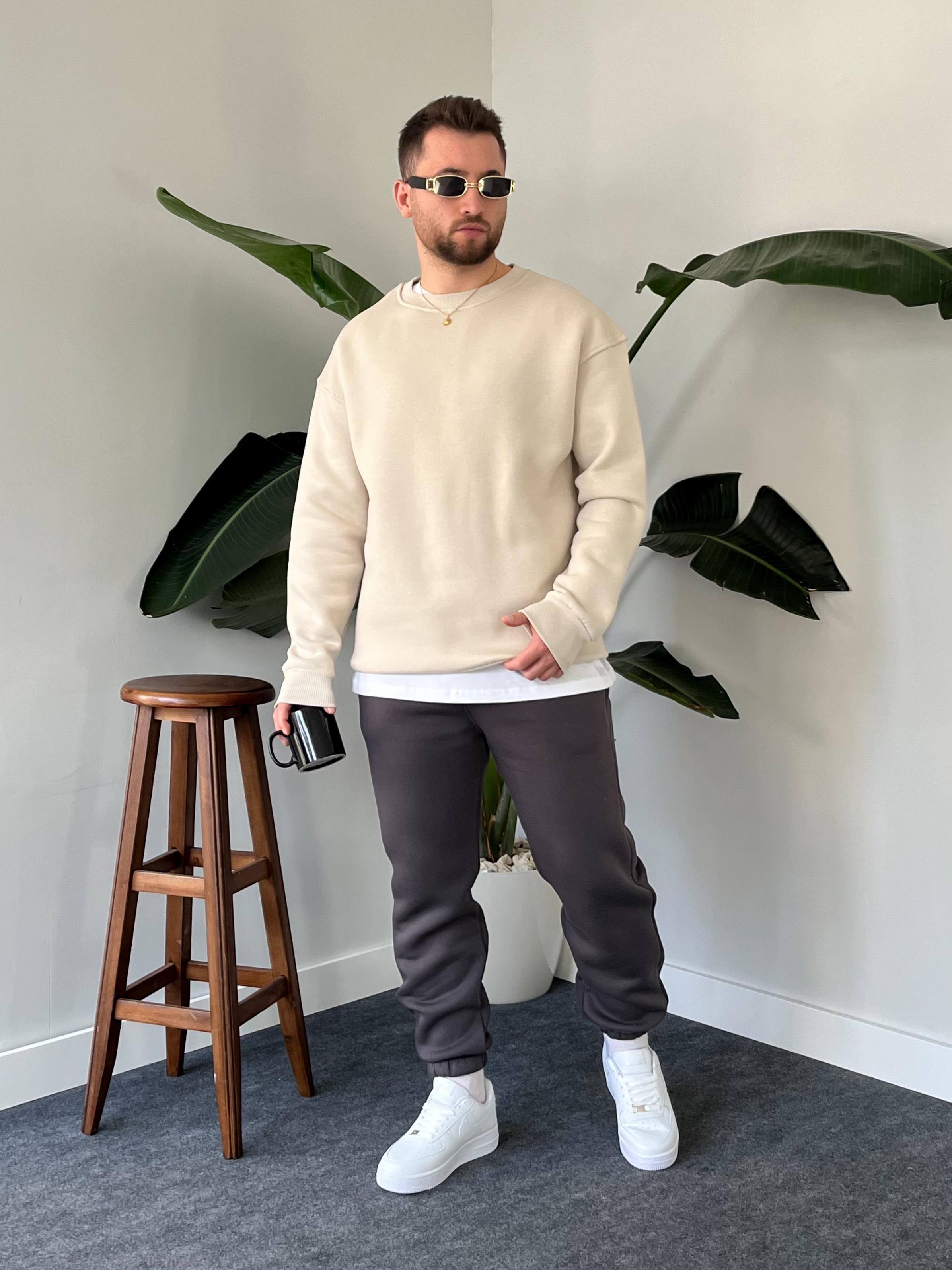 Krem Üç İplik Şardonlu Basic Sweatshirt