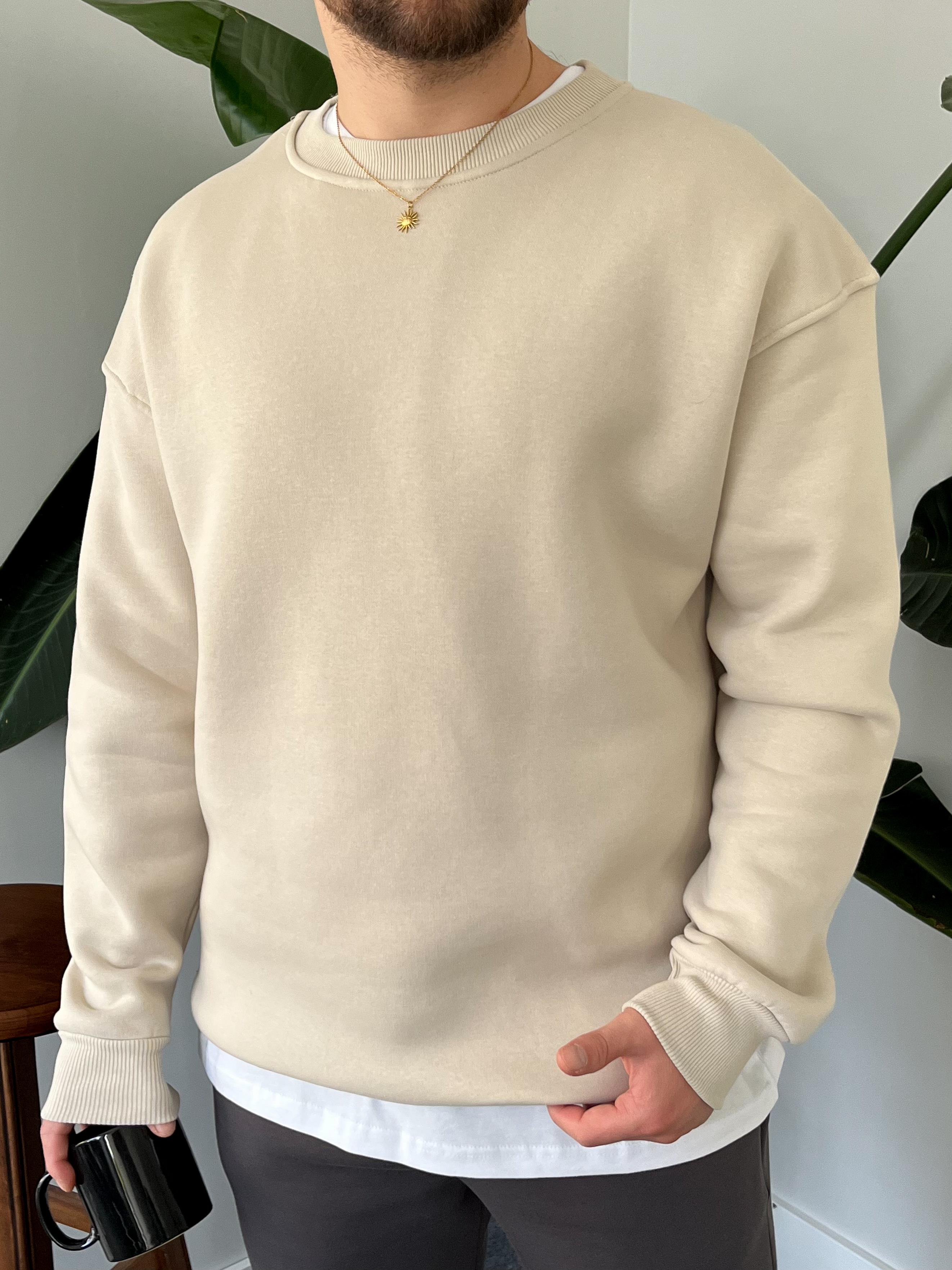 Krem Üç İplik Şardonlu Basic Sweatshirt