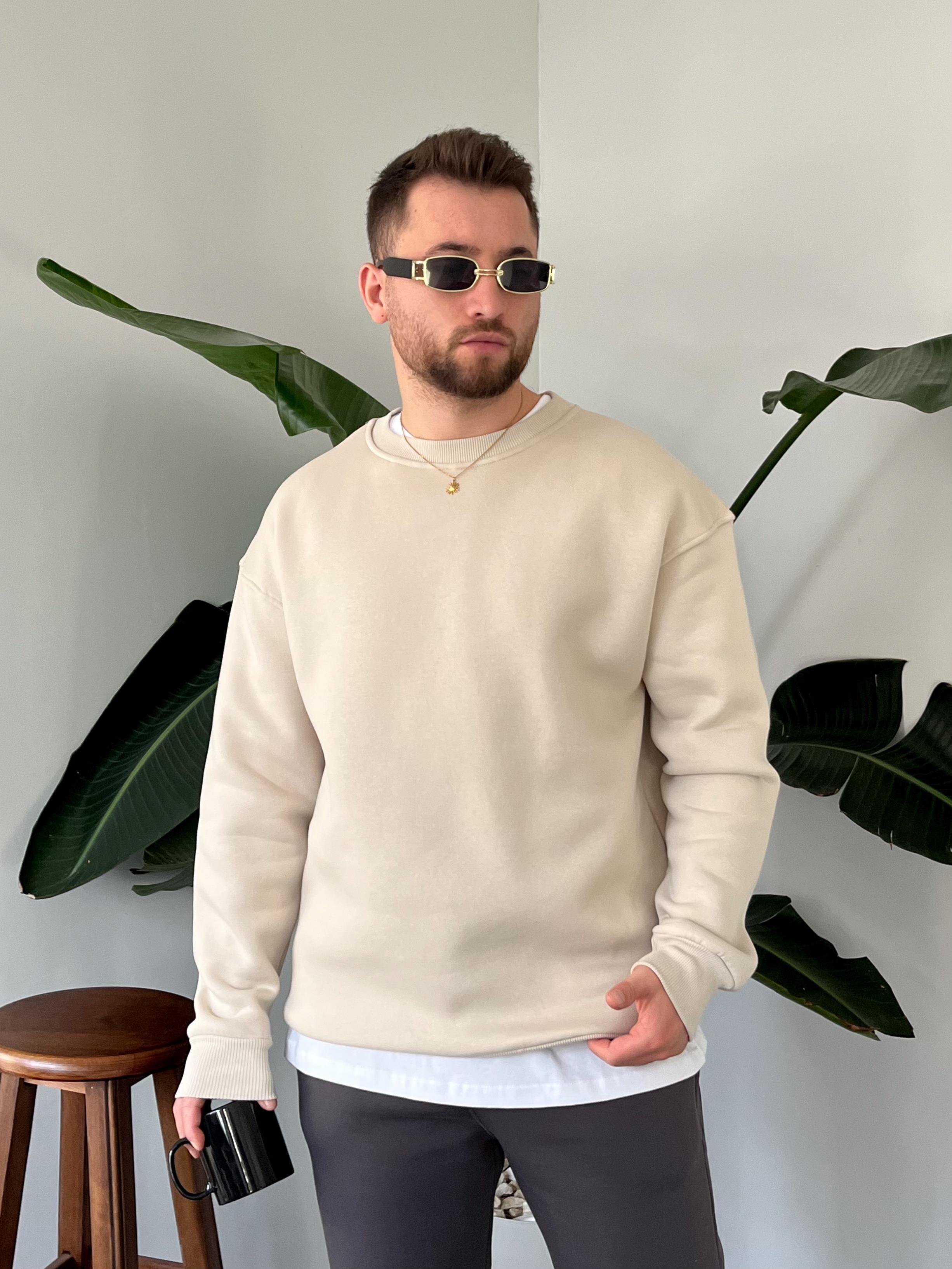 Krem Üç İplik Şardonlu Basic Sweatshirt