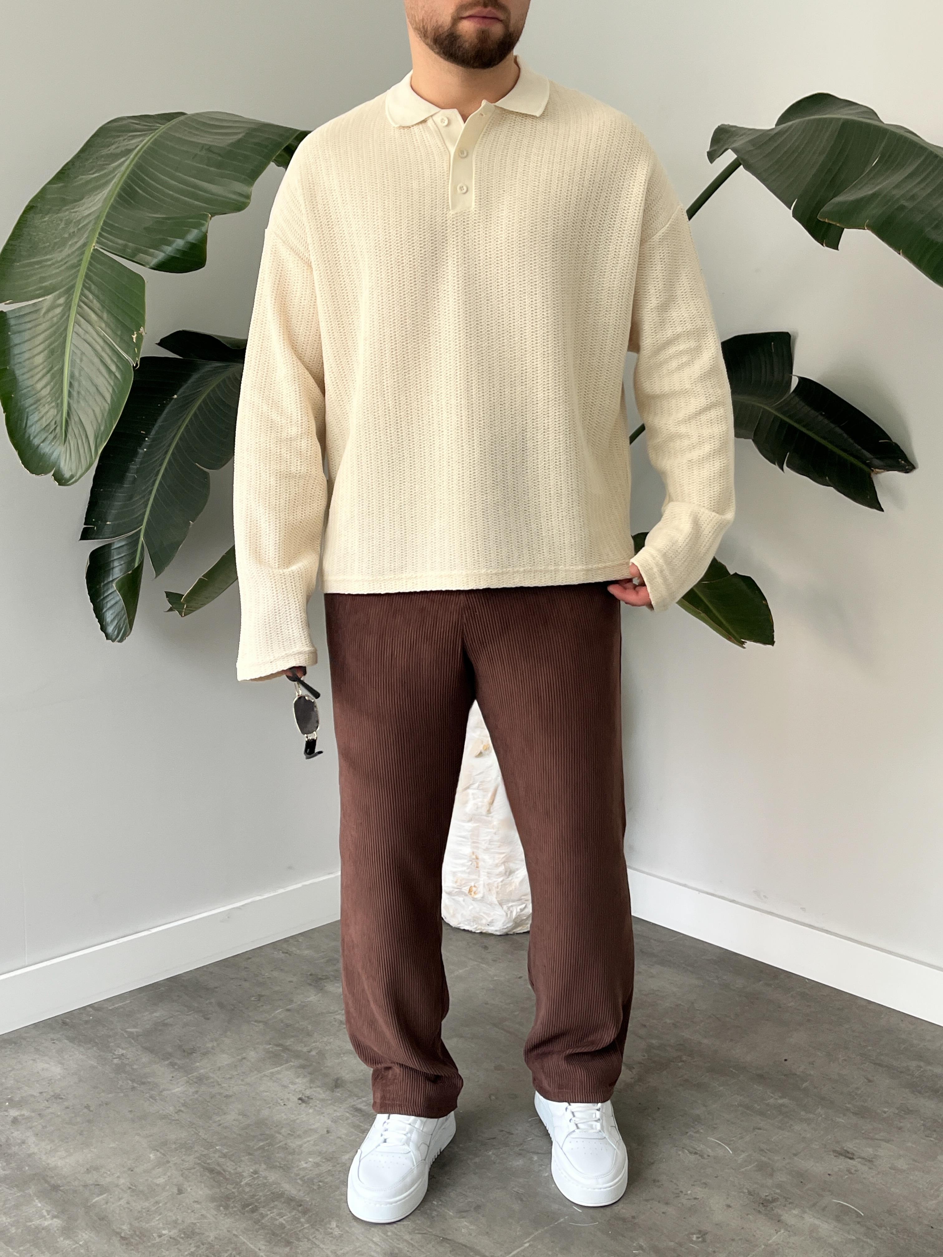 Krem Waffle Dokulu Polo Yaka Örme Triko Sweatshirt