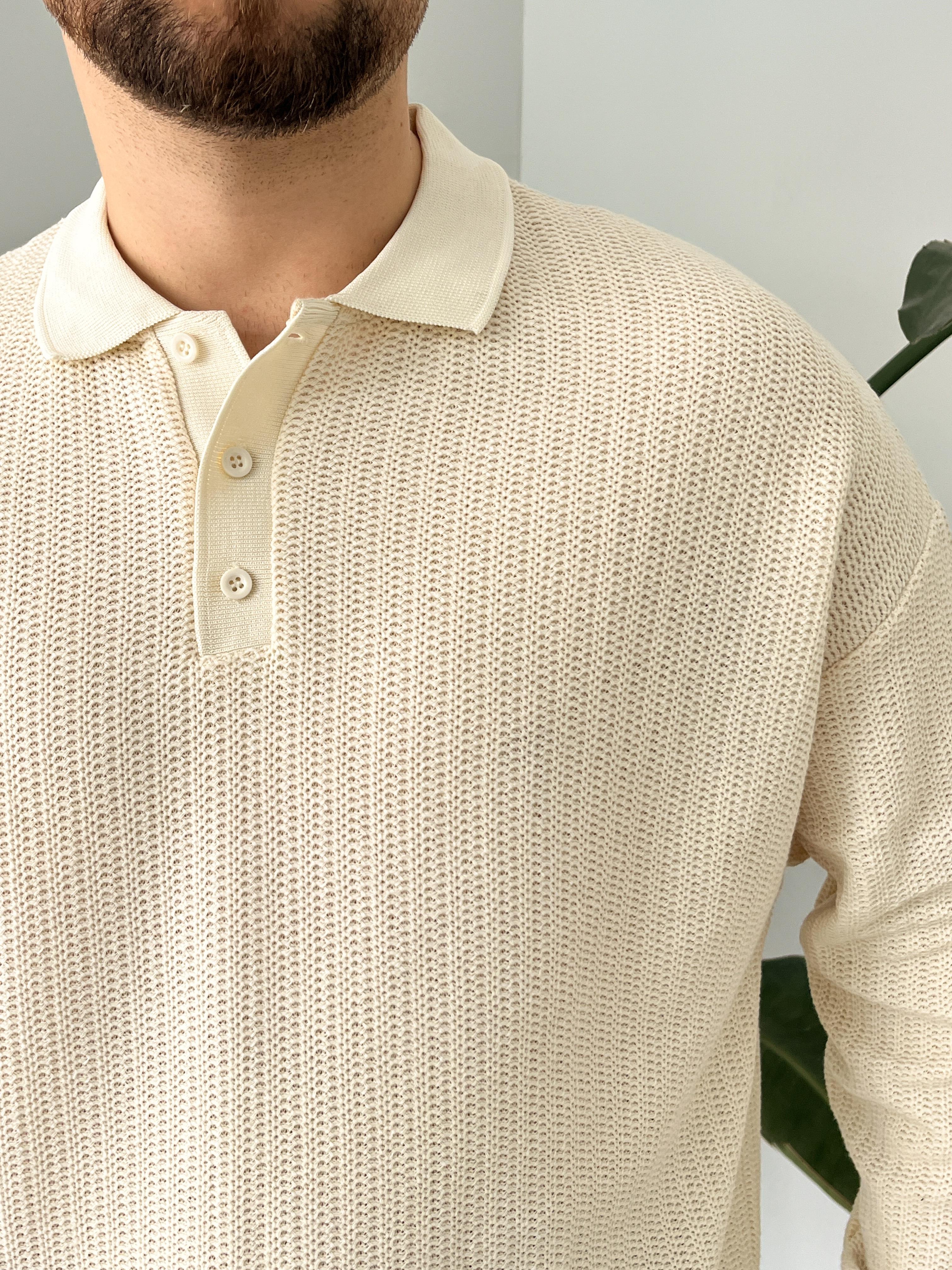 Krem Waffle Dokulu Polo Yaka Örme Triko Sweatshirt