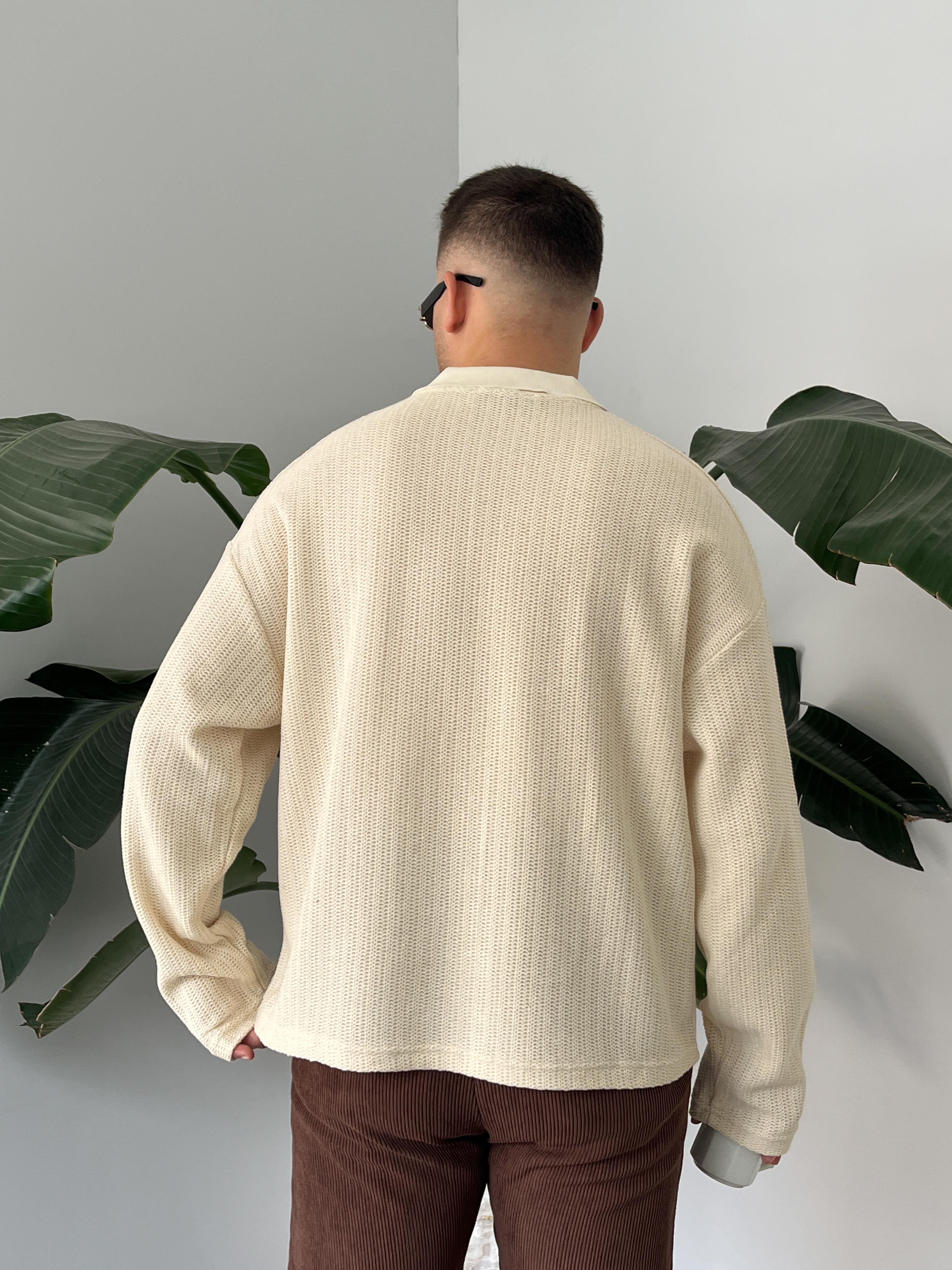 Krem Waffle Dokulu Polo Yaka Örme Triko Sweatshirt