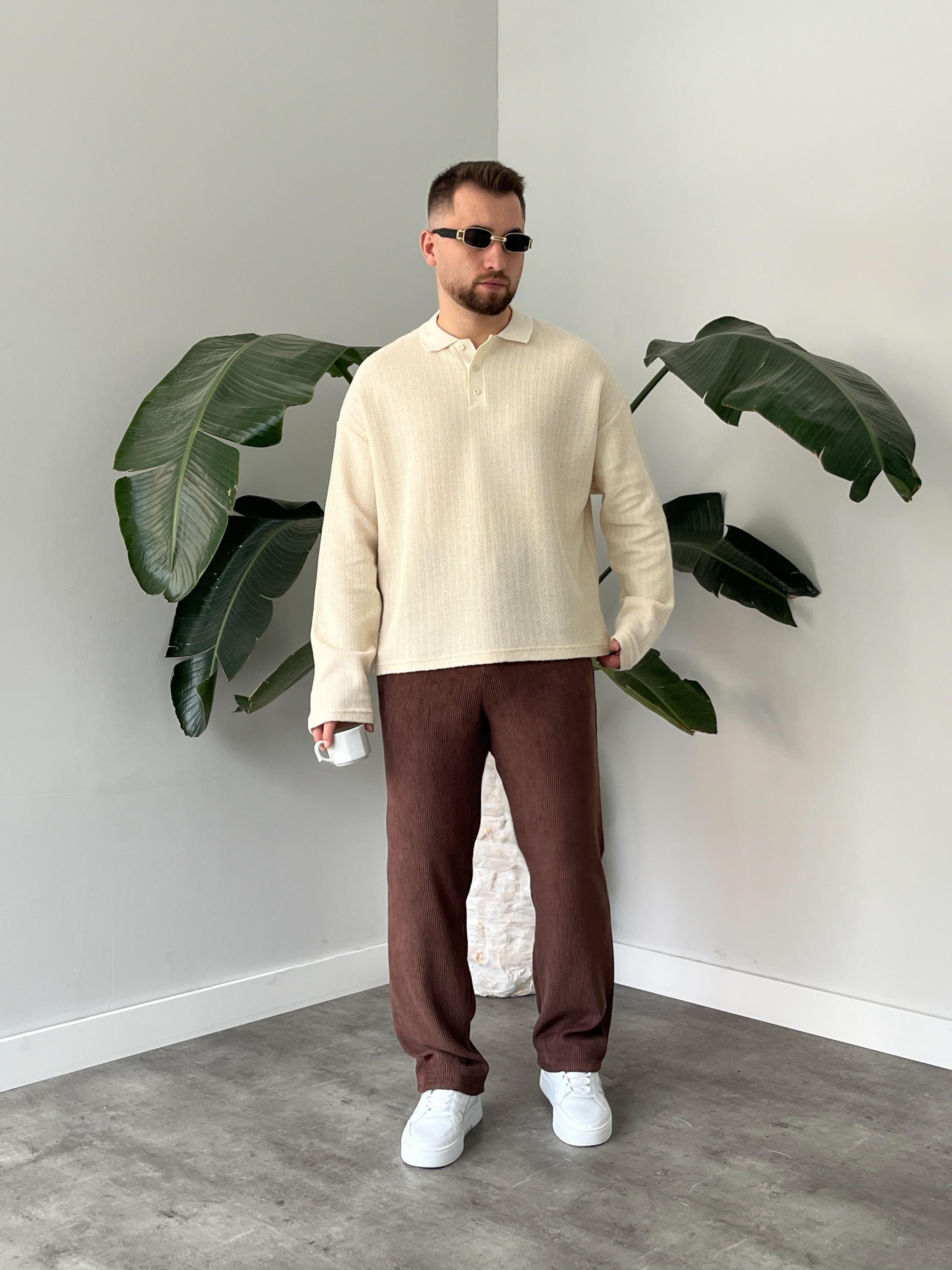 Krem Waffle Dokulu Polo Yaka Örme Triko Sweatshirt