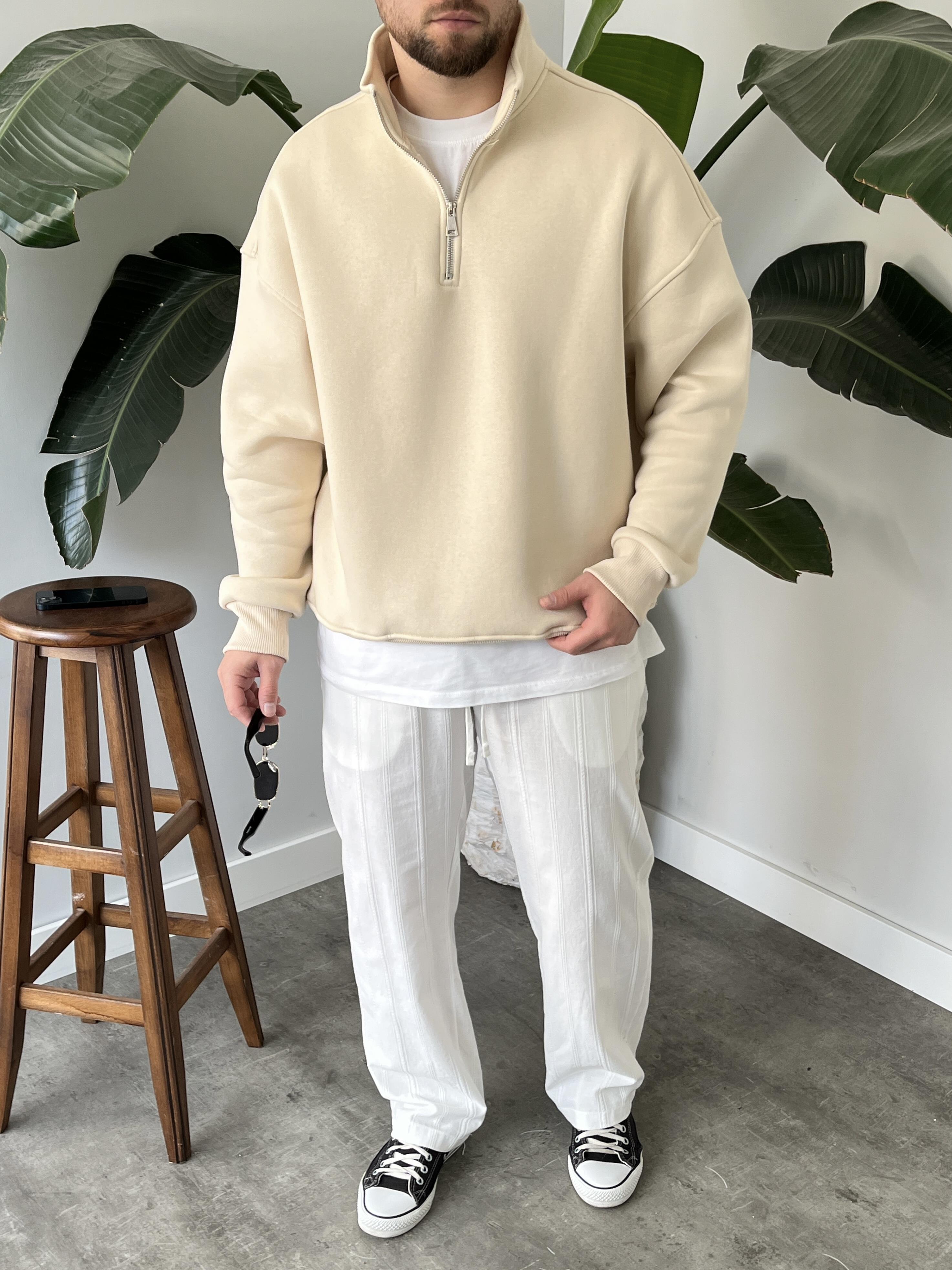 Krem Yarım Fermuar Üç İplik Şardonlu Sweatshirt