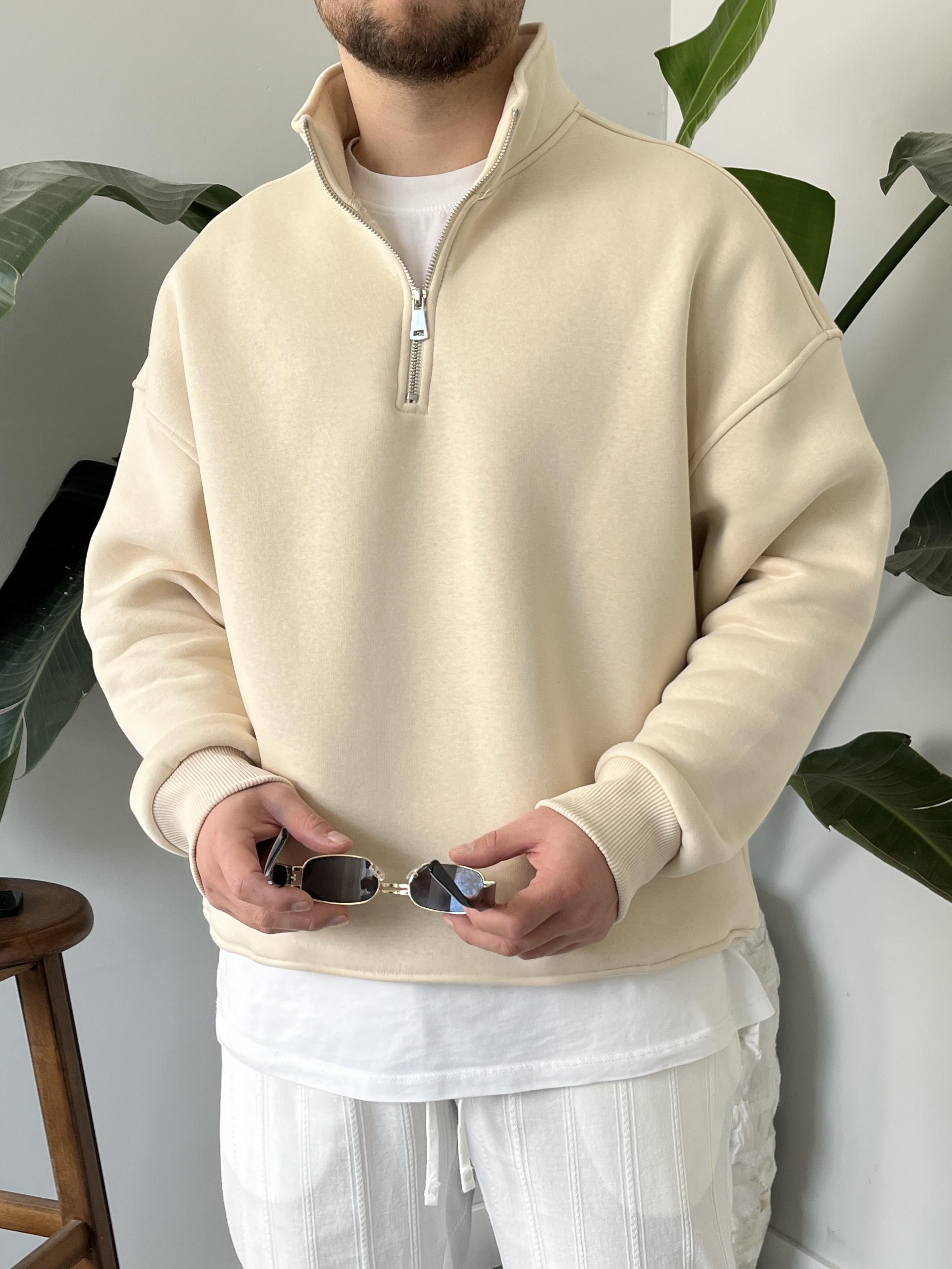 Krem Yarım Fermuar Üç İplik Şardonlu Sweatshirt