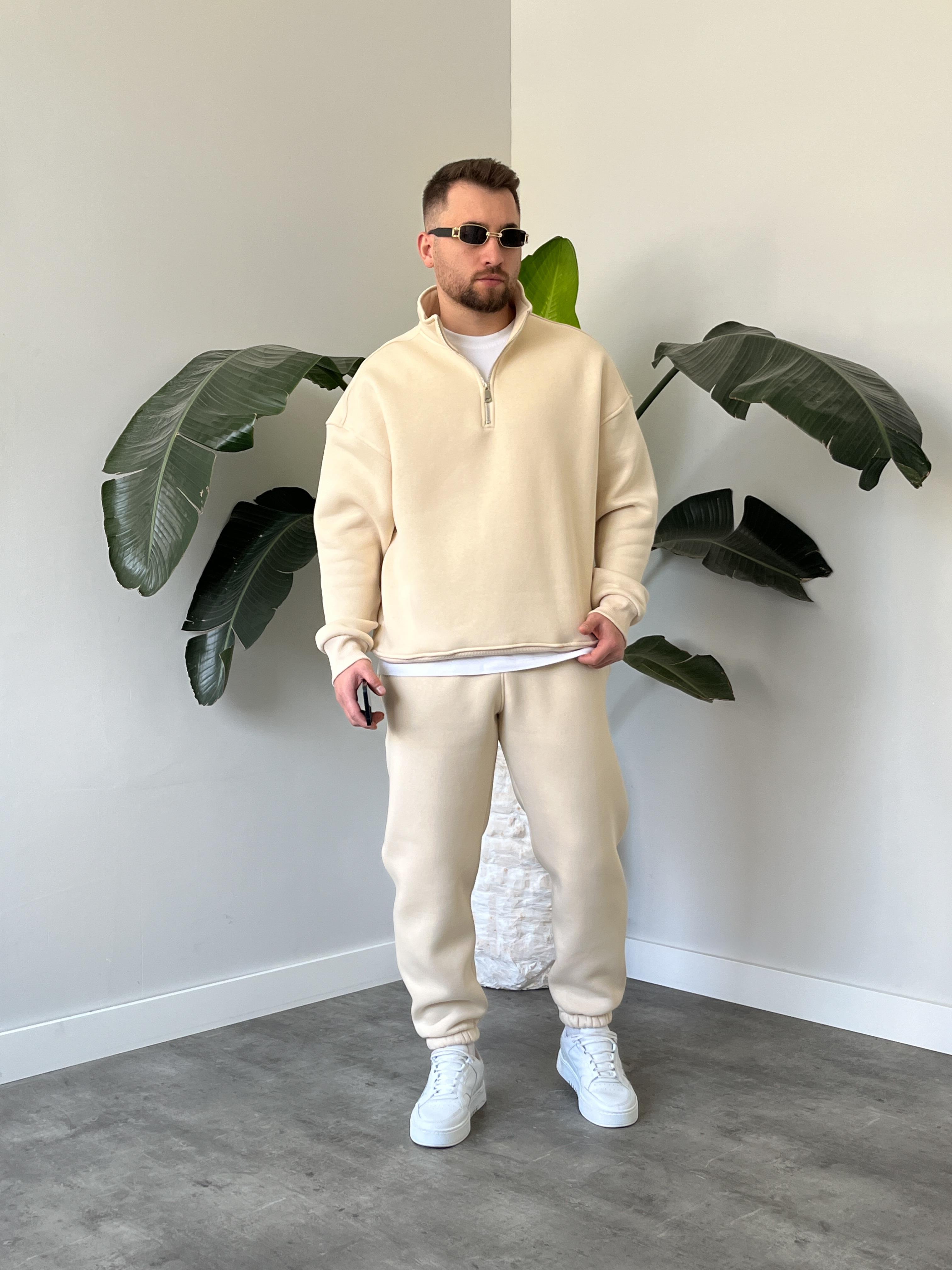 Krem Yarım Fermuarlı Oversize Eşofman Takımı