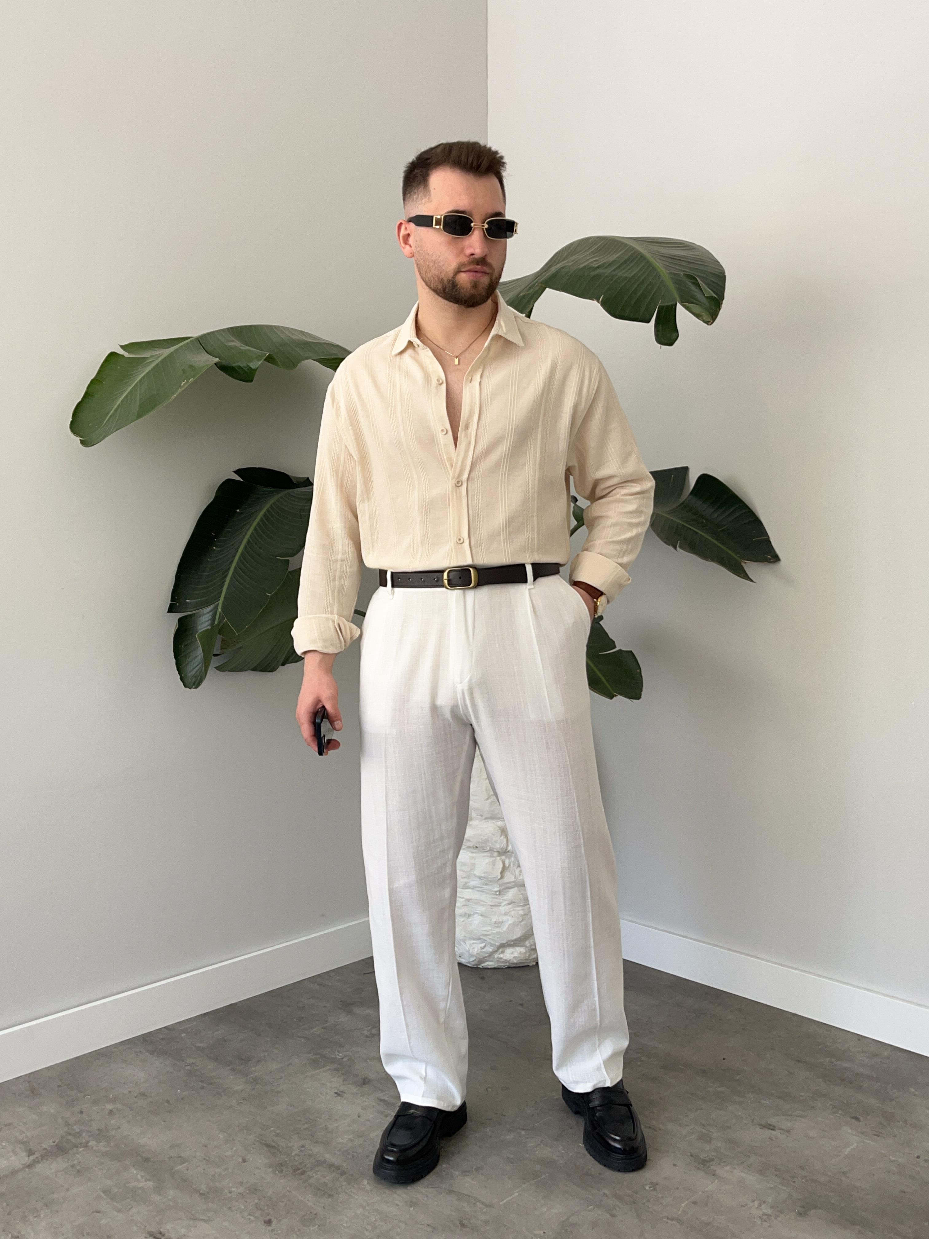 Krem Zincir Desen Oversize Keten Gömlek