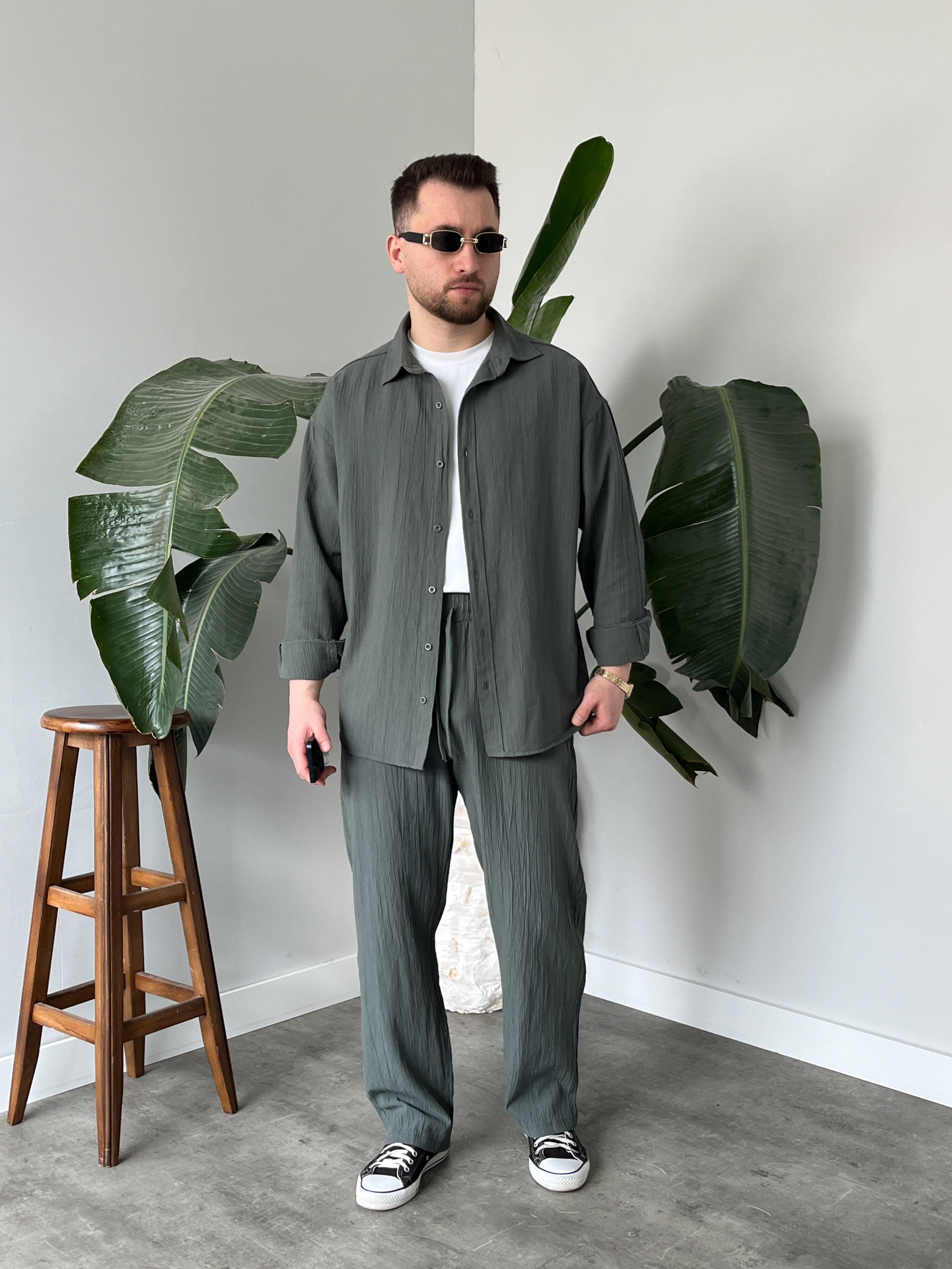 Küf Yeşili Krinkıl Keten Oversize Takım
