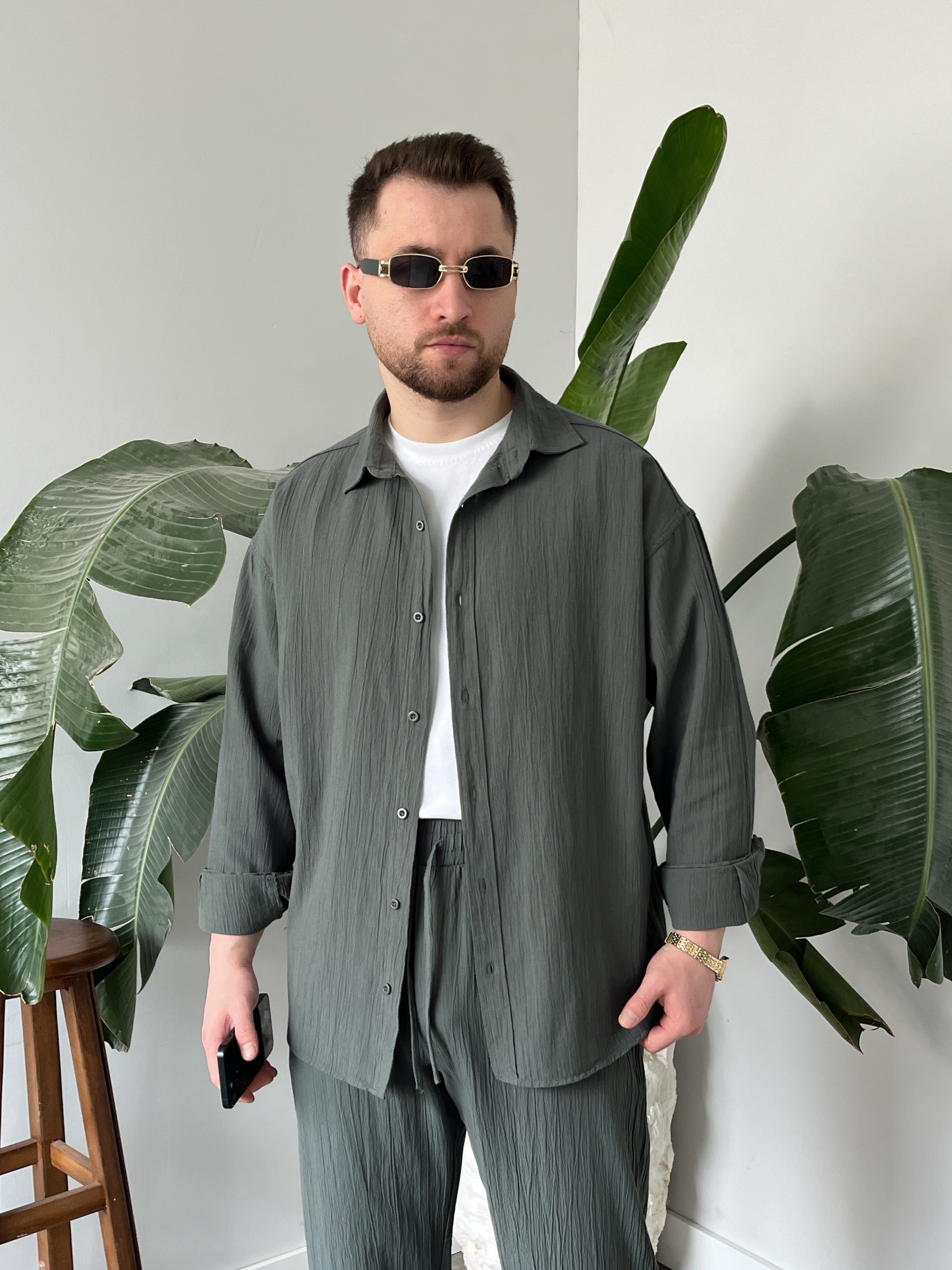 Küf Yeşili Krinkıl Keten Oversize Takım